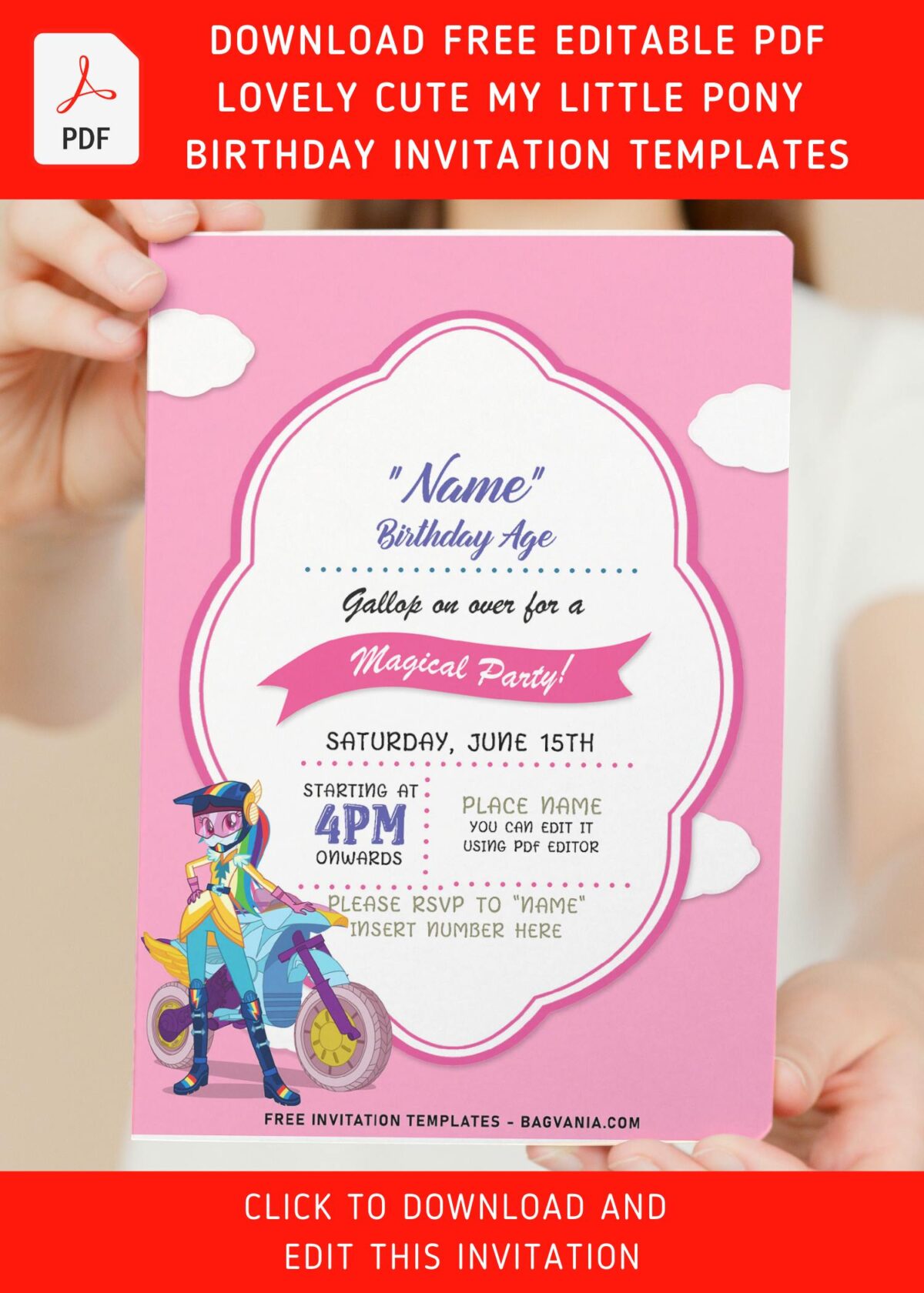 (Free Editable PDF) Lovely Cute My Little Pony Birthday Invitation Templates with rainbow dash and her motorbike