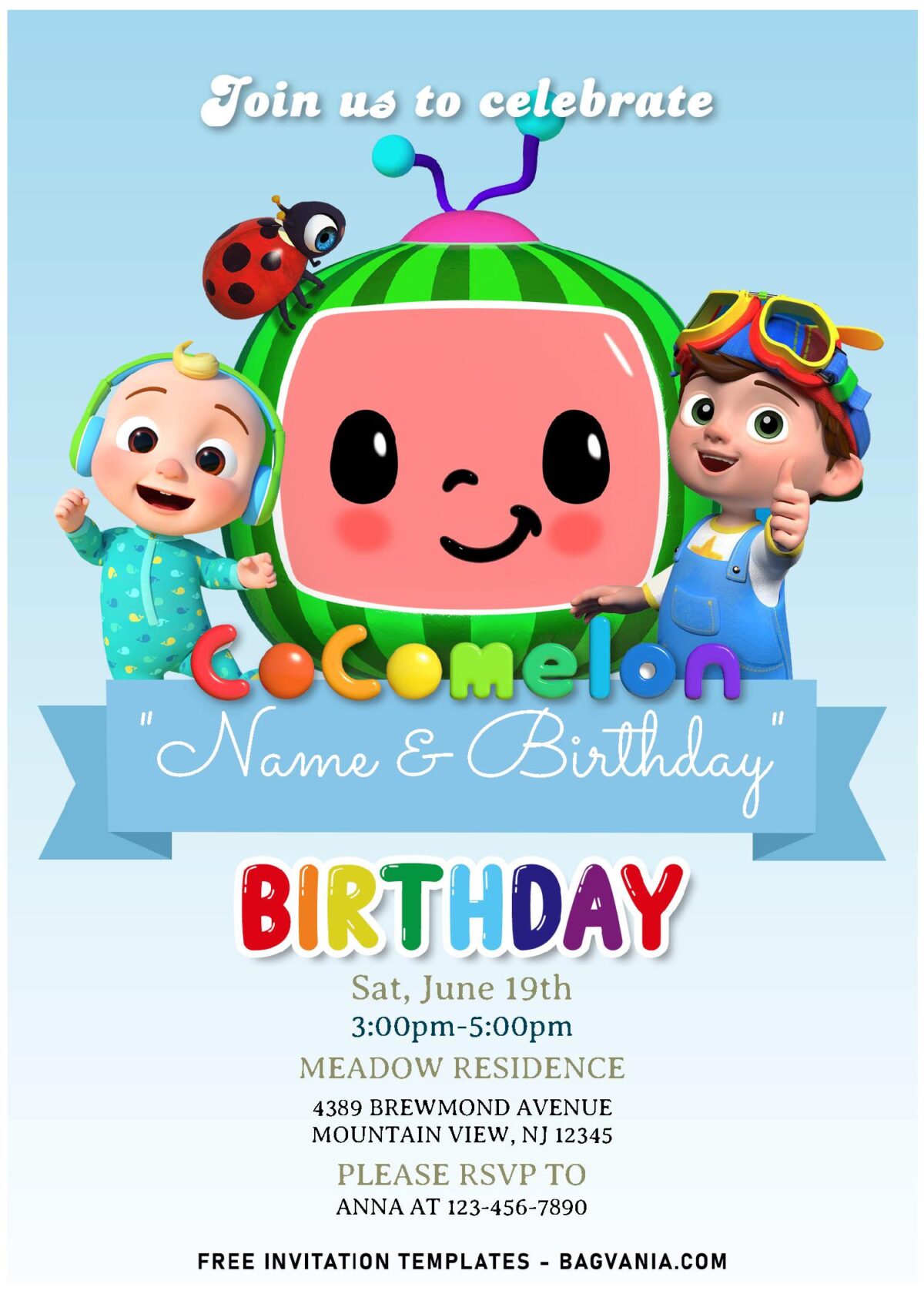 (Free Editable PDF) Bright & Cheerful Cocomelon Birthday Invitation Templates with Watermelon TV