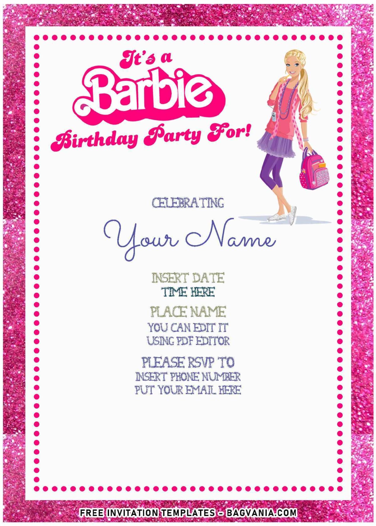 (Free Editable PDF) Cute Glitter Pink Barbie Girls Birthday Invitation Templates with cute wordings