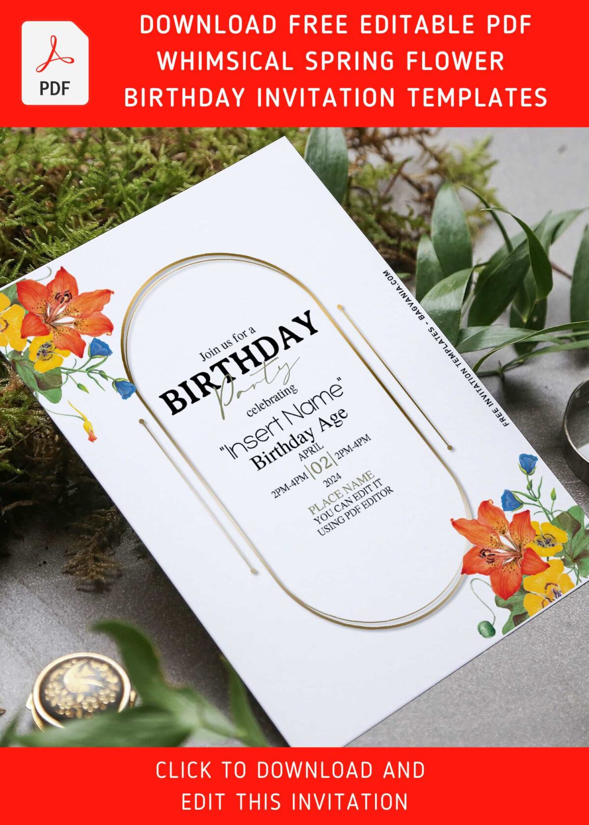 (Free Editable PDF) Whimsical Spring Birthday Invitation Templates with Hawaiian Hibiscus flower