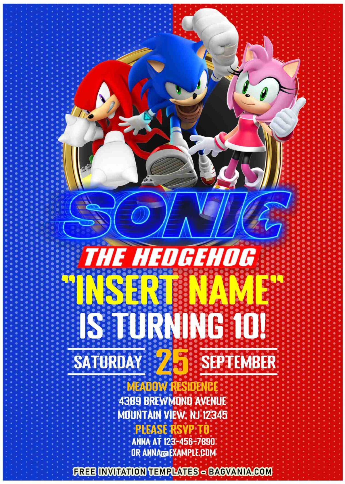 (Free Editable PDF) Sonic The Hedgehog Movie Themed Birthday Invitation Templates with halftone background