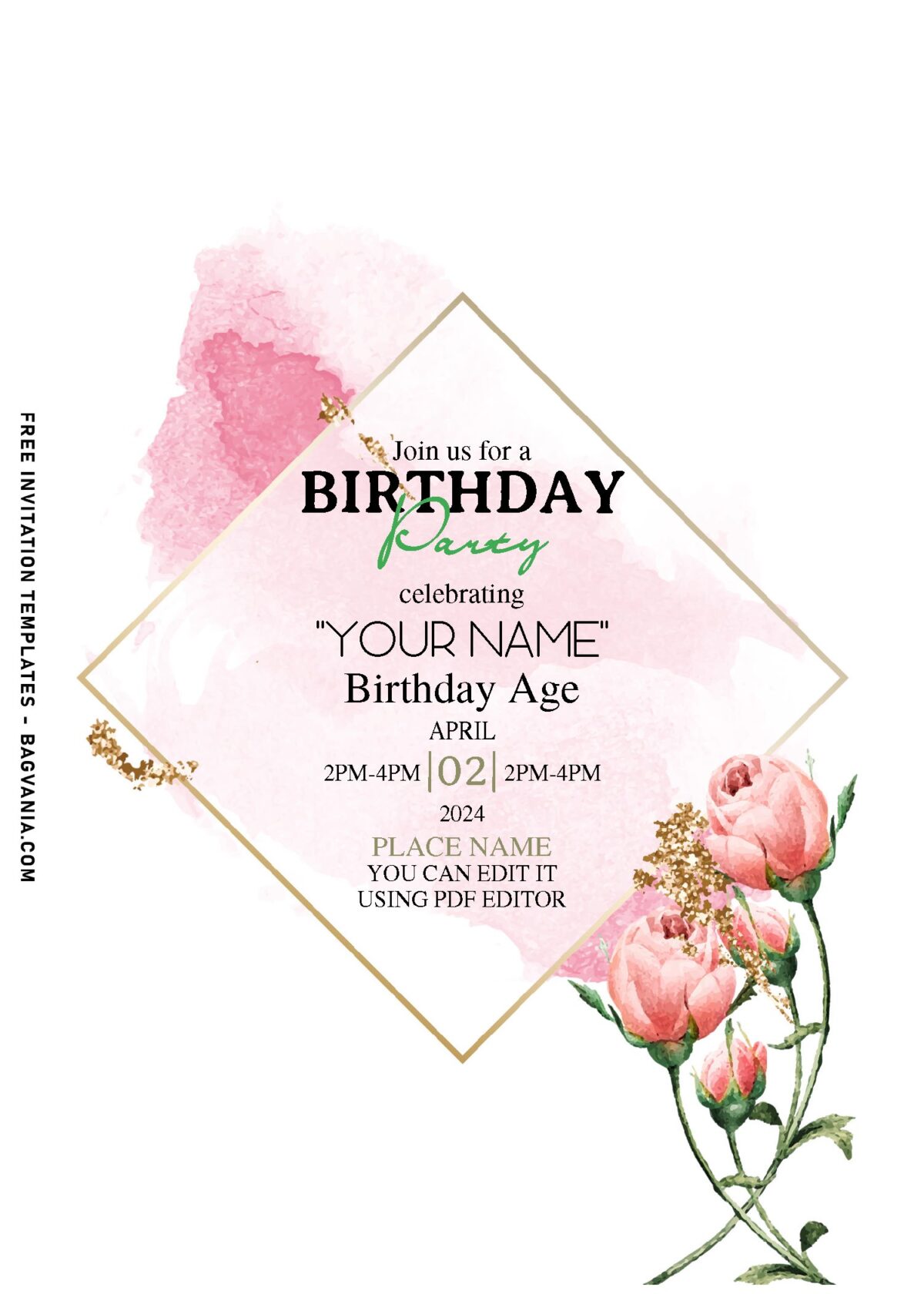 (Free Editable PDF) Splendid Blush Rose Garden Birthday Party Invitation Templates with blush pink watercolor accent