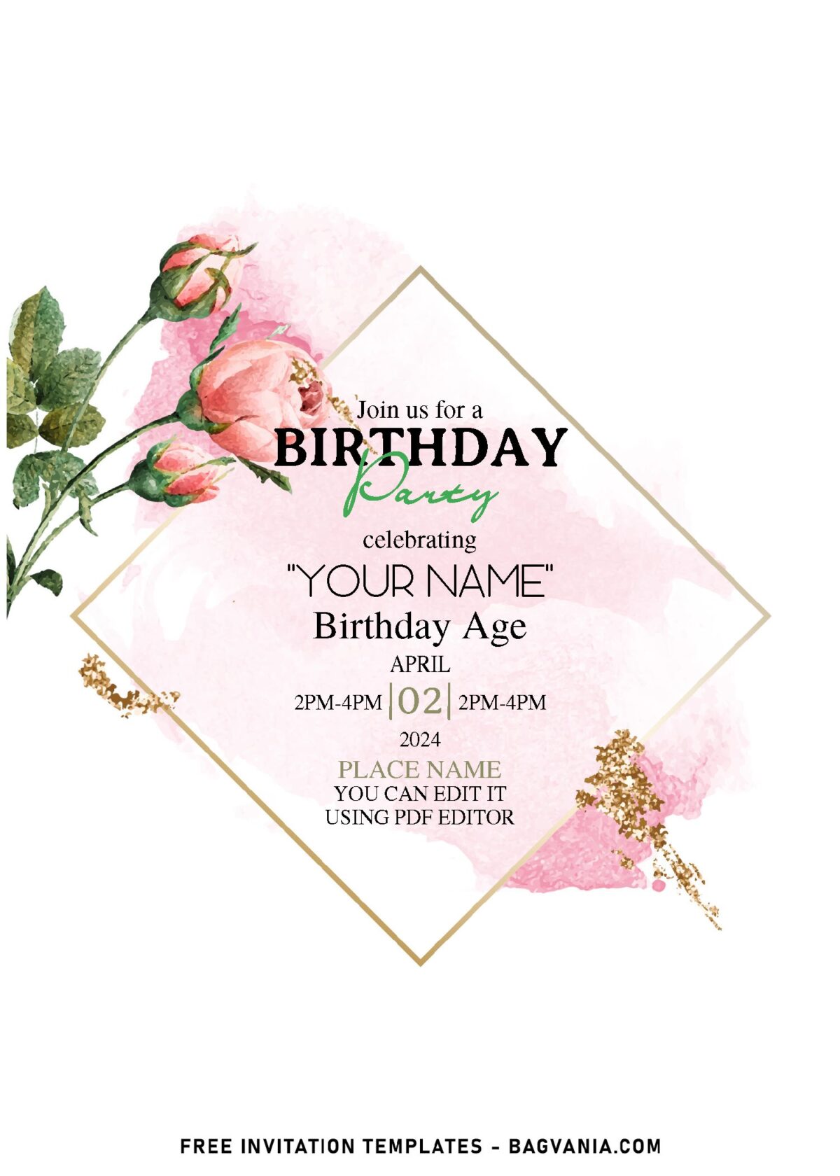 (Free Editable PDF) Splendid Blush Rose Garden Birthday Party Invitation Templates with elegant script