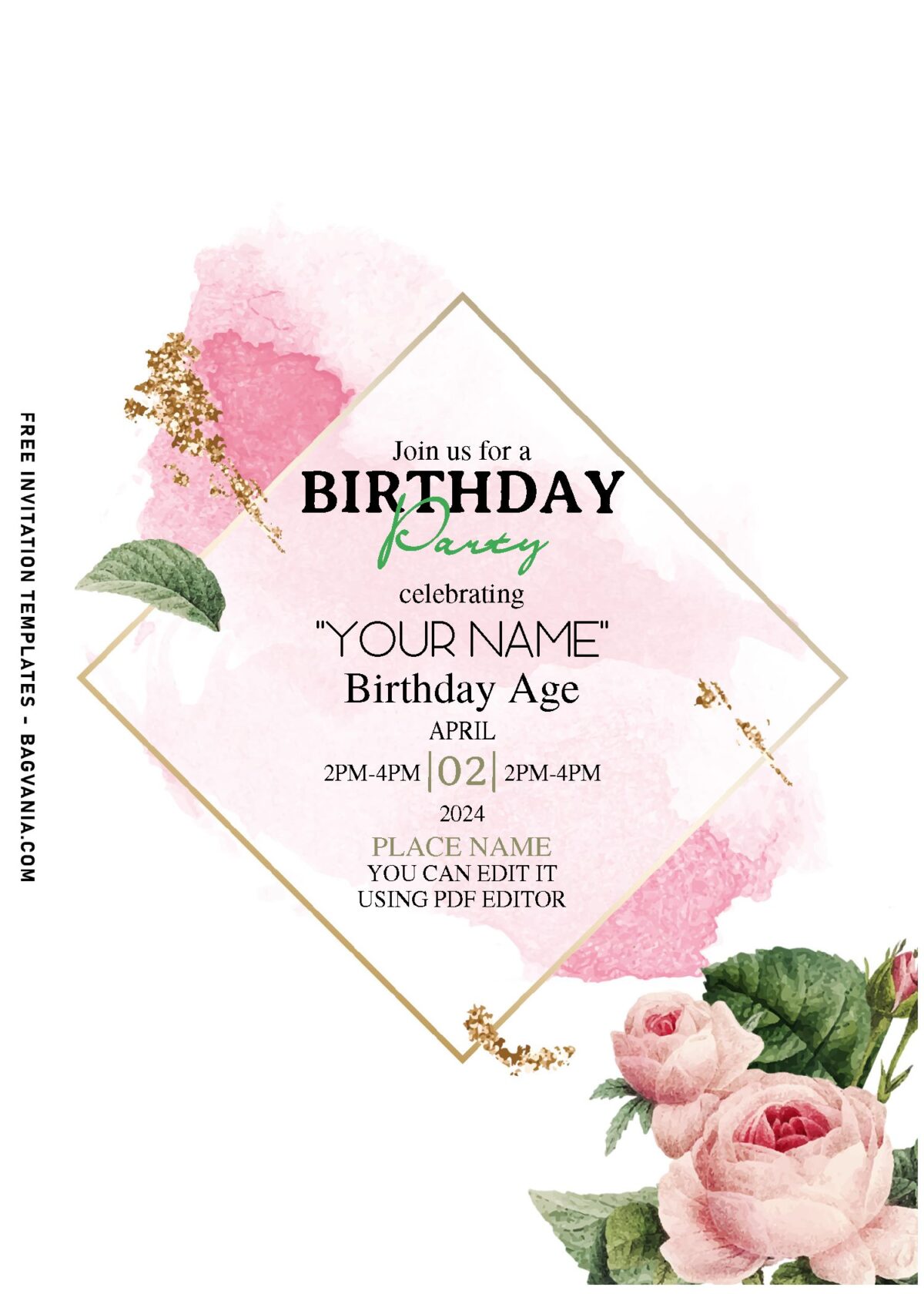 (Free Editable PDF) Splendid Blush Rose Garden Birthday Party Invitation Templates with elegant white background