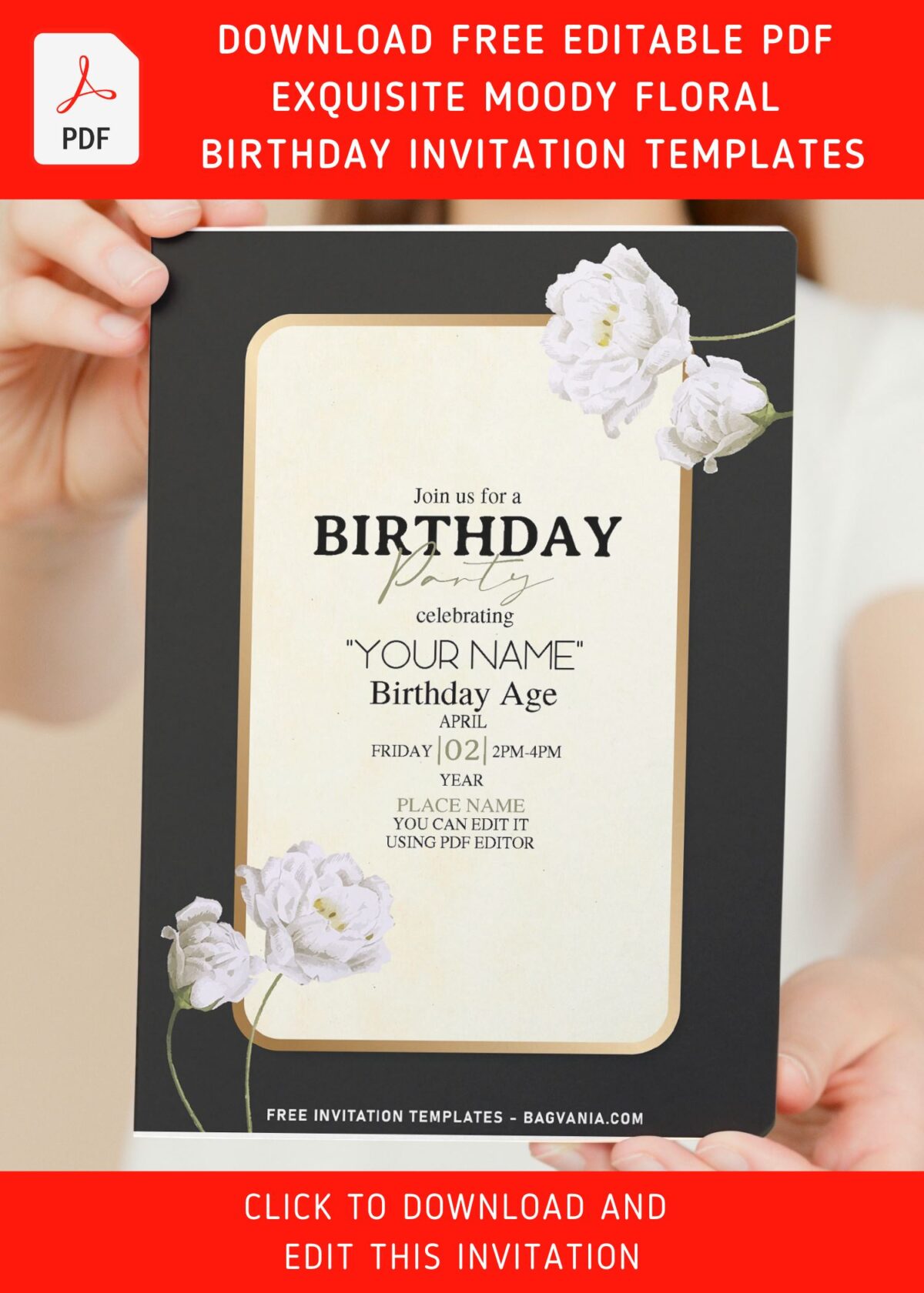 (Free Editable PDF) Stylish & Captivating Moody Floral Birthday Invitation Templates with elegant and minimalist gold frame