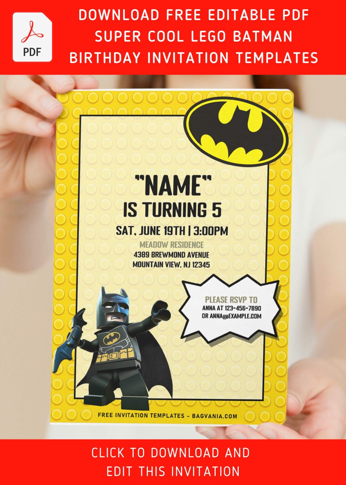 (Free Editable PDF) Super Cool Lego Batman Birthday Invitation Templates with editable text
