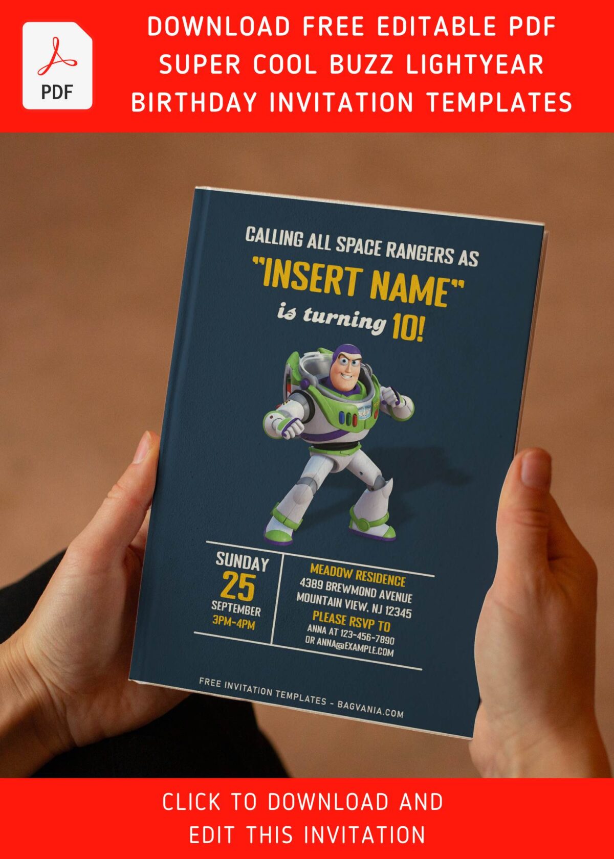 (Free Editable PDF) Simple Space Ranger Buzz Lightyear Boy Birthday Invitation Templates with awesome Buzz lightyear graphic