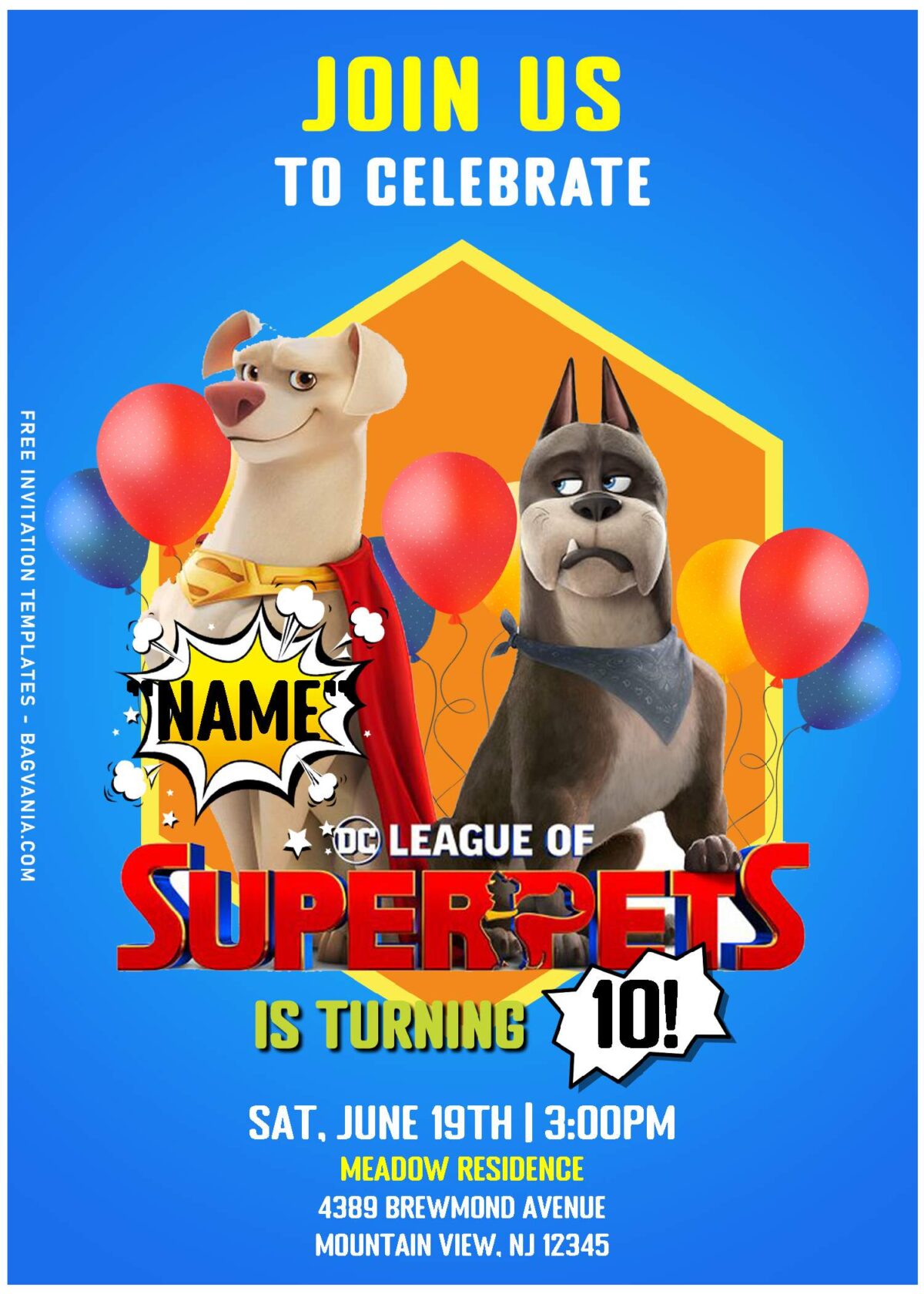 (Free Editable PDF) Awesome And Cute DC League Super Pets Birthday Invitation Templates with colorful balloons