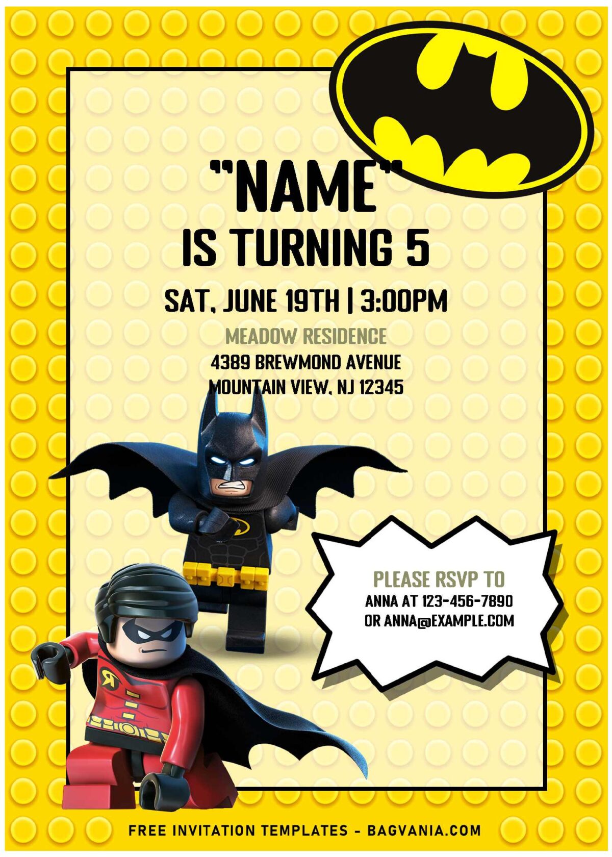 (Free Editable PDF) Super Cool Lego Batman Birthday Invitation Templates with yellow brick background