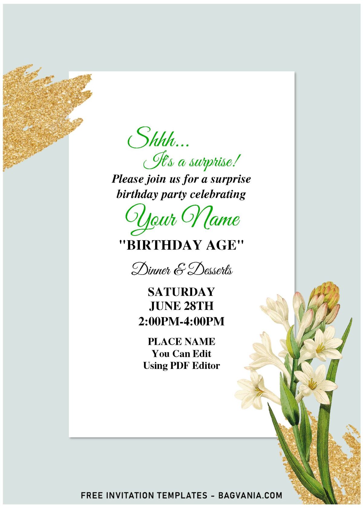 (Free Editable PDF) Glimmering Gold Glitters And Tuberose Floral Invitation Templates with sparkling glitter gold brushstrokes