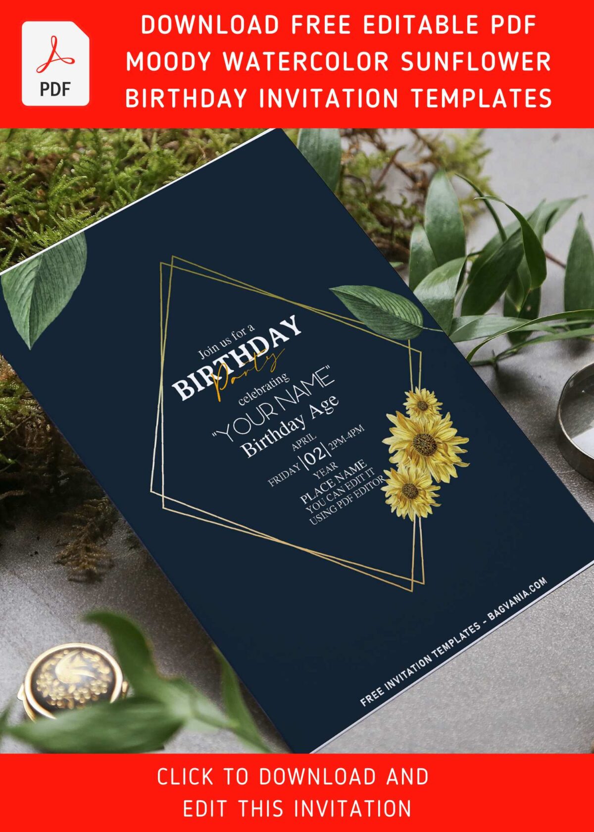 (Free Editable PDF) Moody Warm Summer Sunflower Invitation Templates with greenery