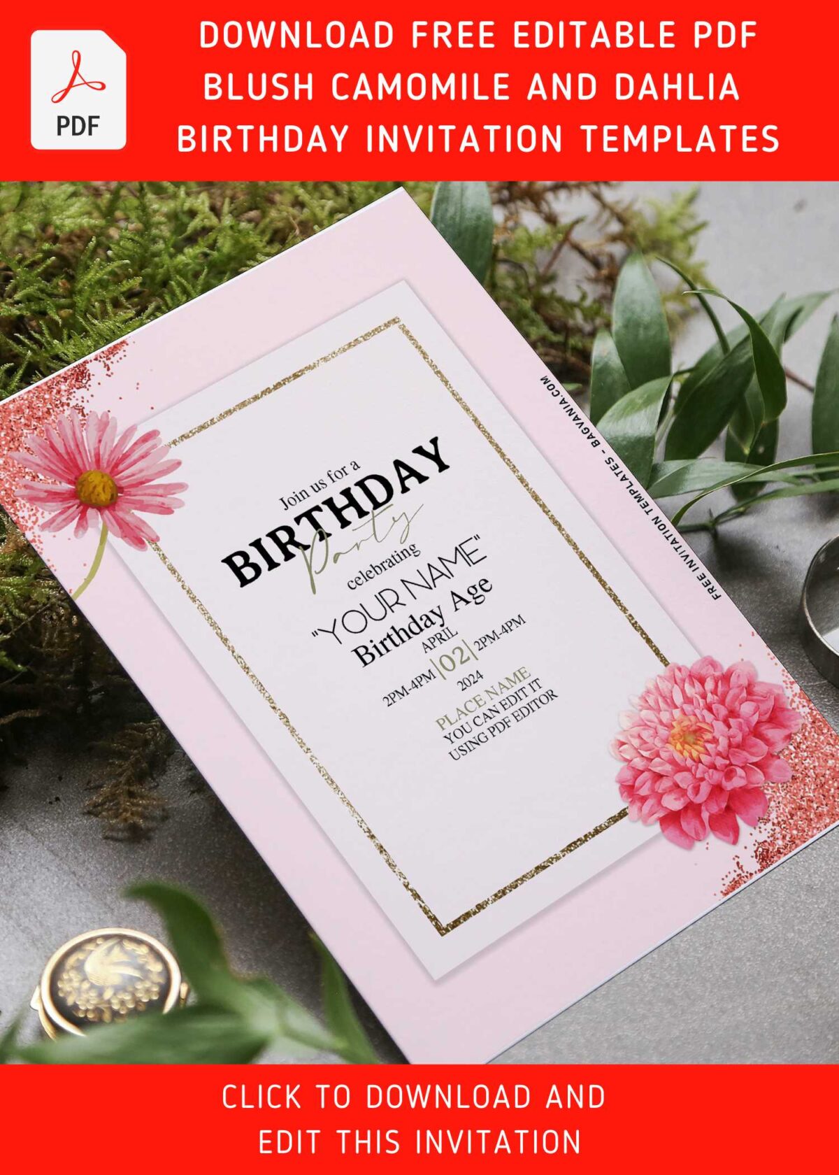 (Free Editable PDF) Splendid Glitter Floral Romance Invitation Templates with gorgeous pink daisy