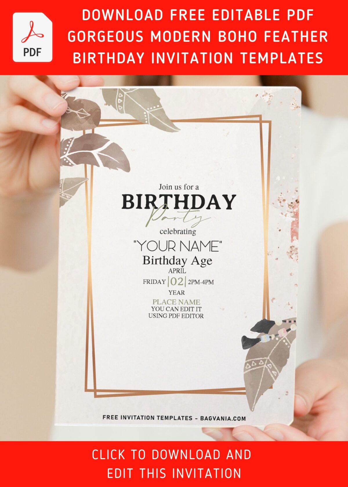 (Free Editable PDF) Gorgeous Modern Boho Feather Invitation Templates with aesthetic Bohemian feather and greenery