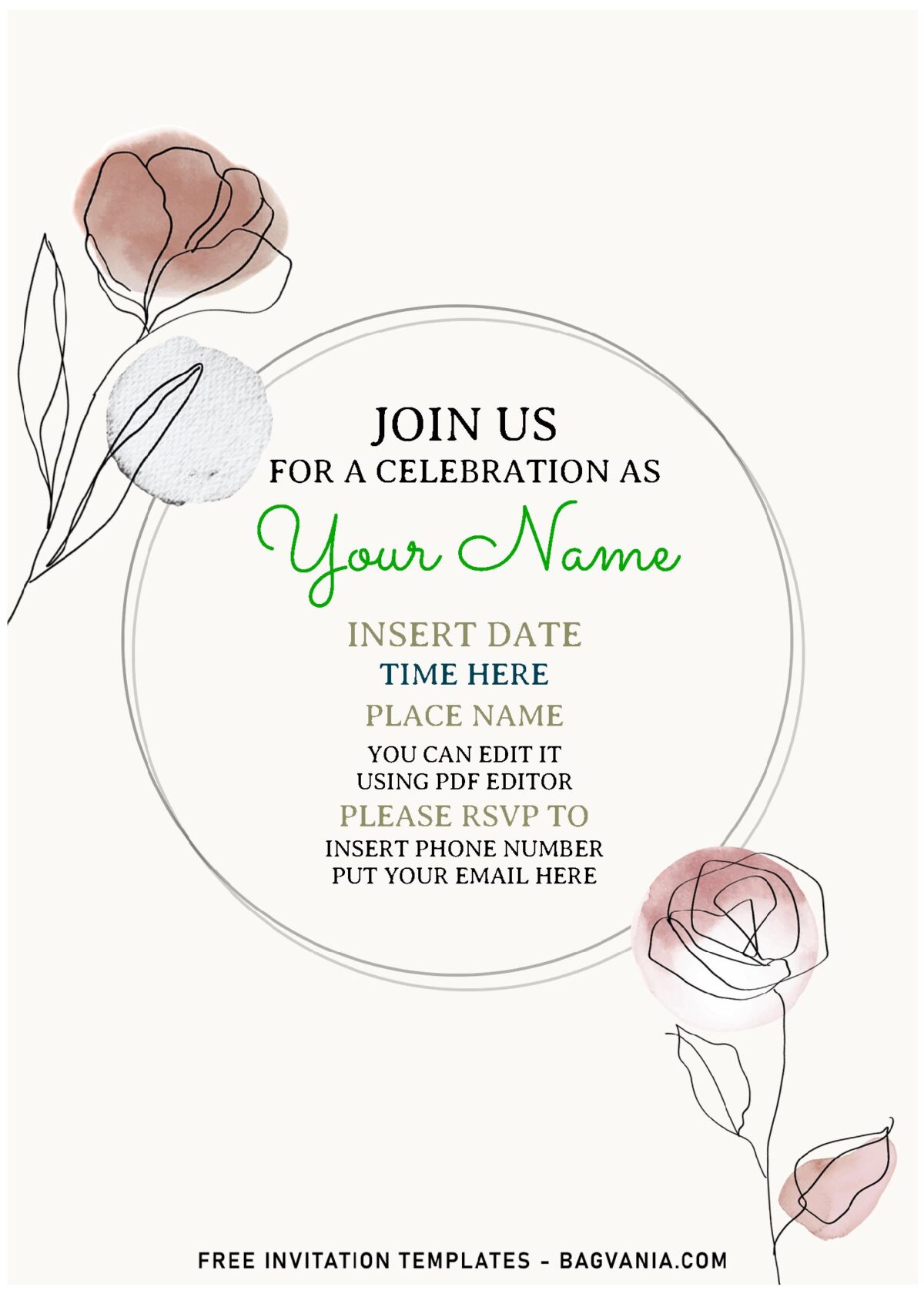 (Free Editable PDF) Artsy Floral Lines Birthday Invitation Templates with watercolor tulips