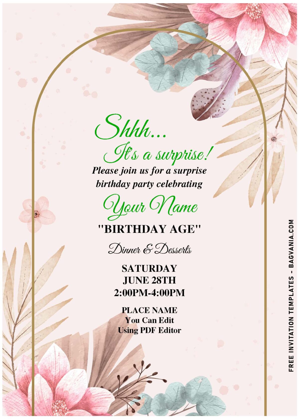 (Free Editable PDF) Olive Green Pampas Grass Birthday Invitation Templates with gold arch frame