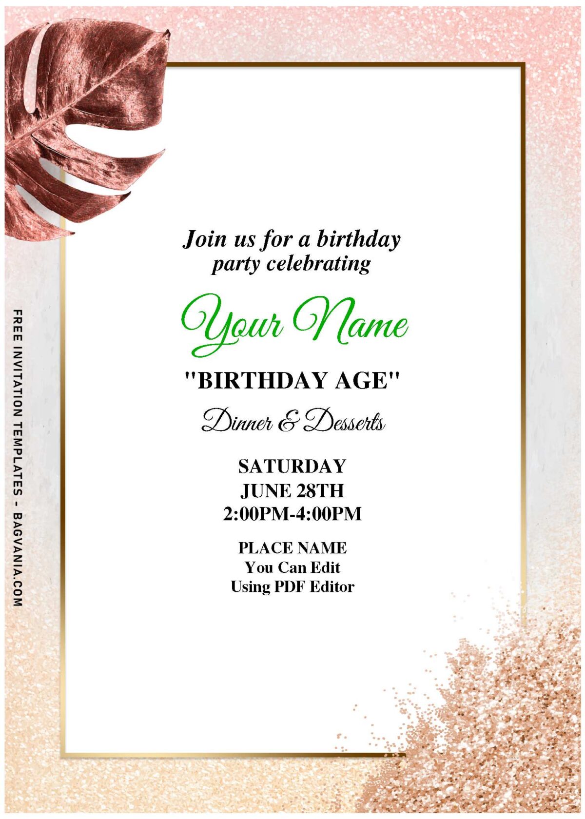 (Free Editable PDF) Fancy Glitter & Greenery Birthday Invitation Templates with Philodendron leaf