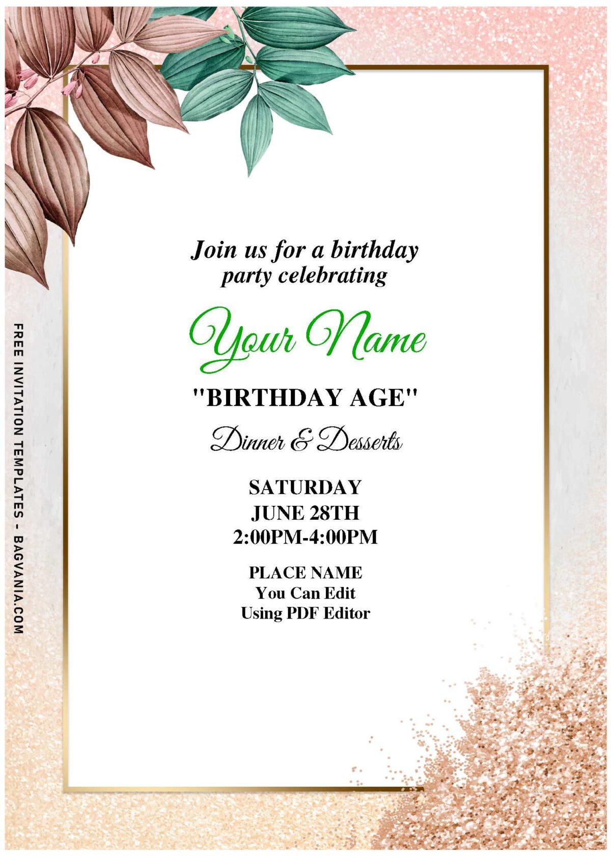 (Free Editable PDF) Fancy Glitter & Greenery Birthday Invitation Templates with watercolor greenery