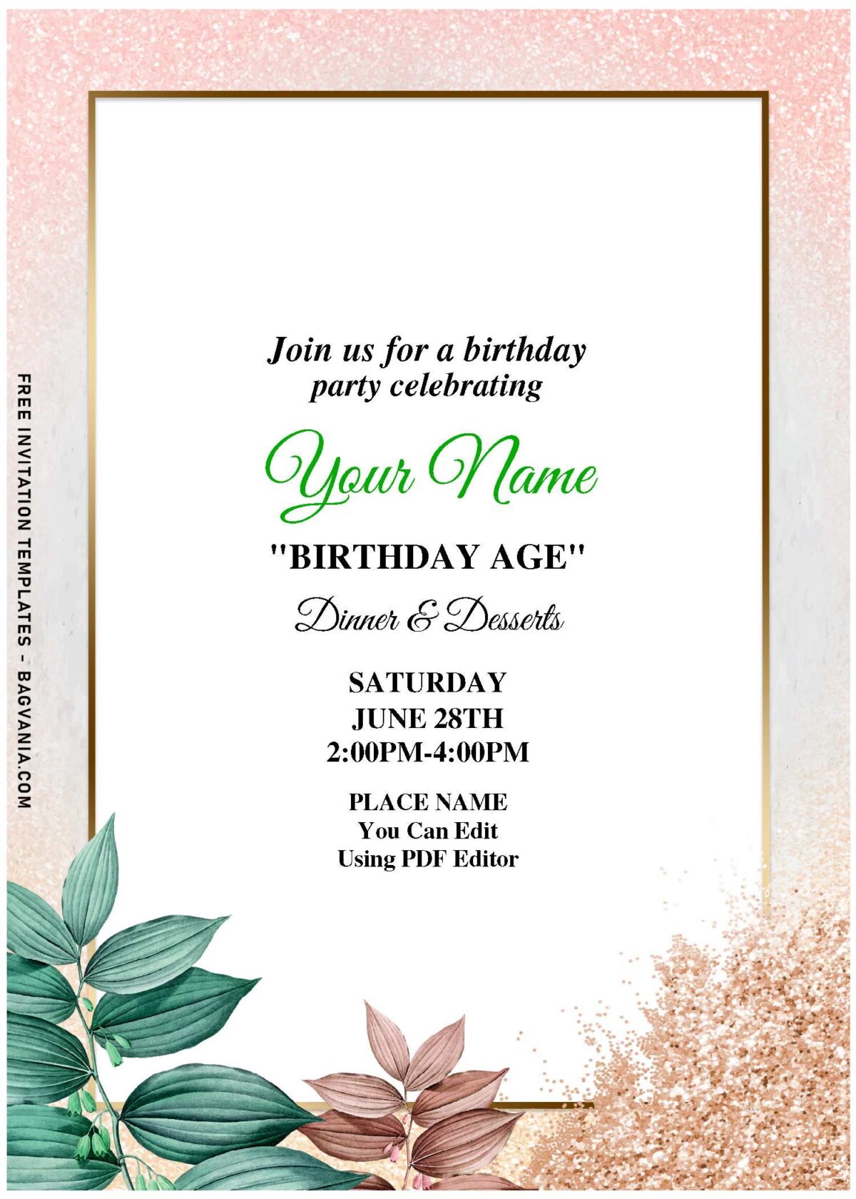 (Free Editable PDF) Fancy Glitter & Greenery Birthday Invitation Templates