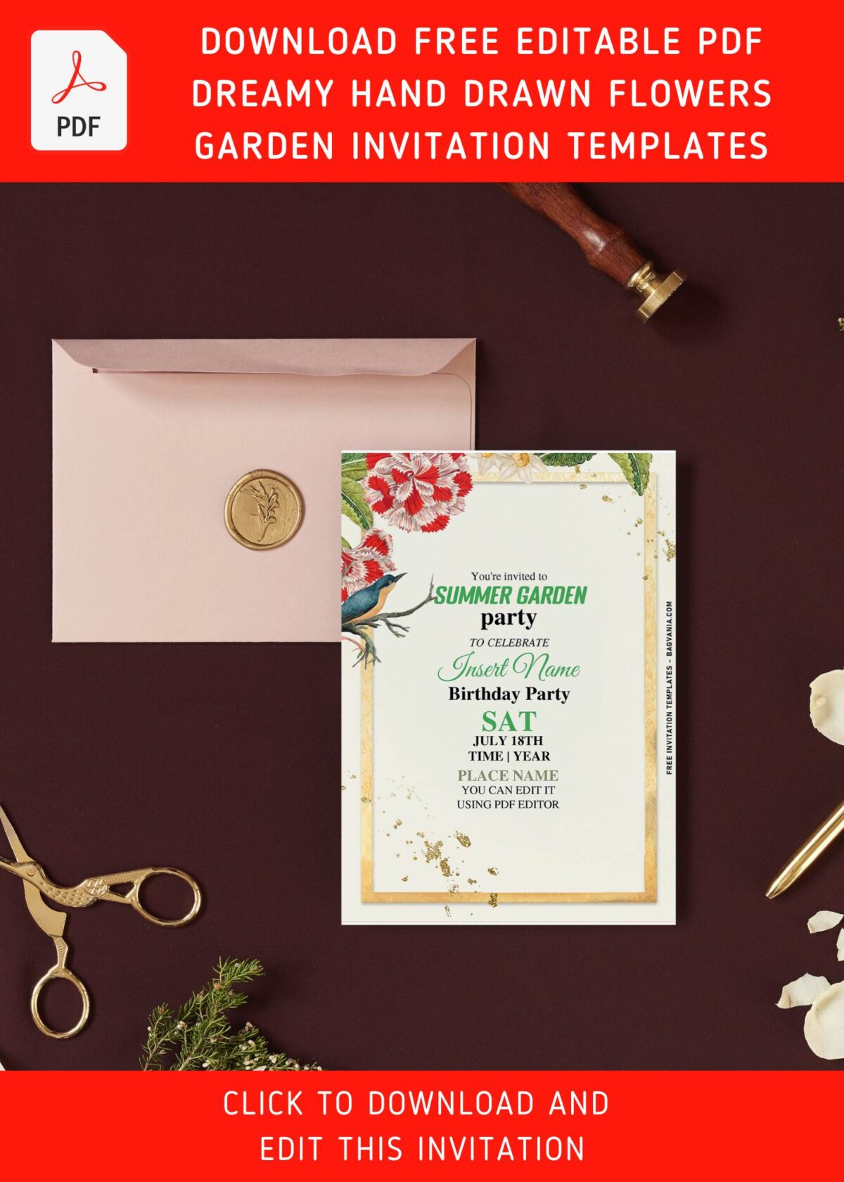 (Free Editable PDF) Dreamy Hand Drawn Flowers Garden Party Invitation Templates with colorful flowers