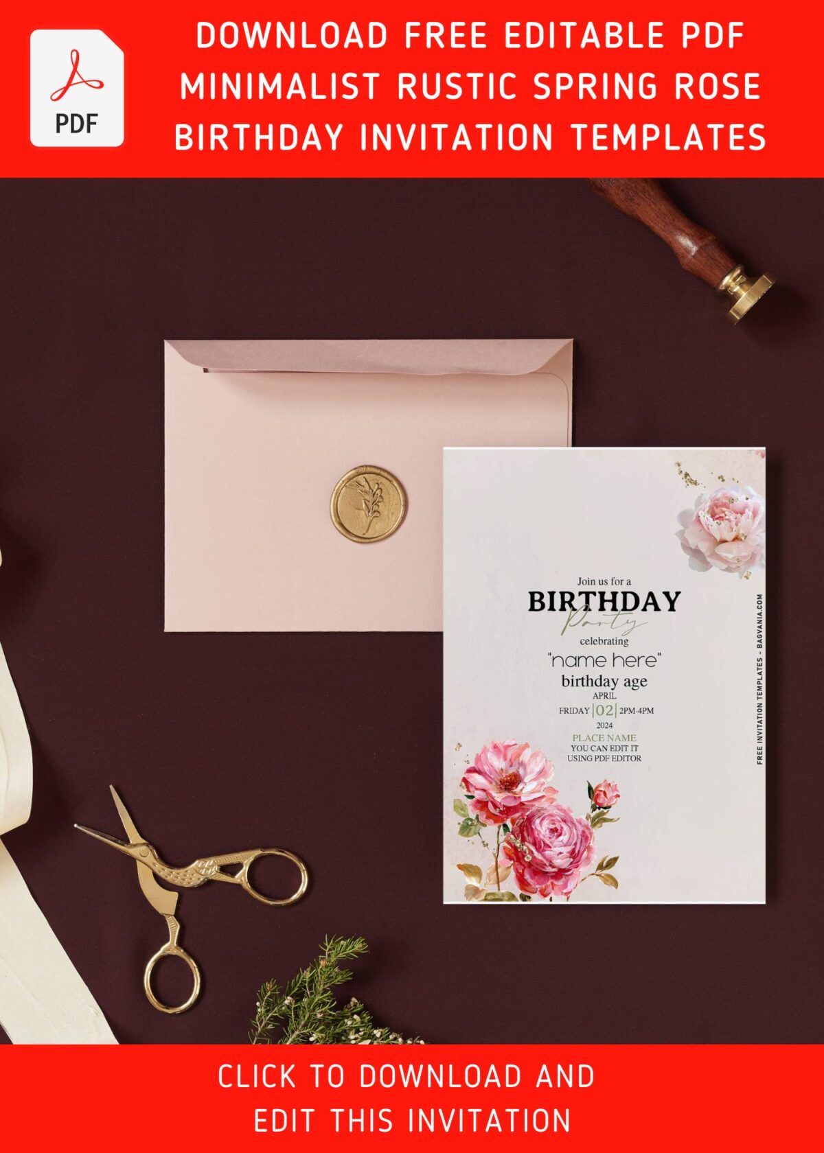 (Free Editable PDF) Minimalist Spring Rose And Peony Birthday Invitation Templates with watercolor roses