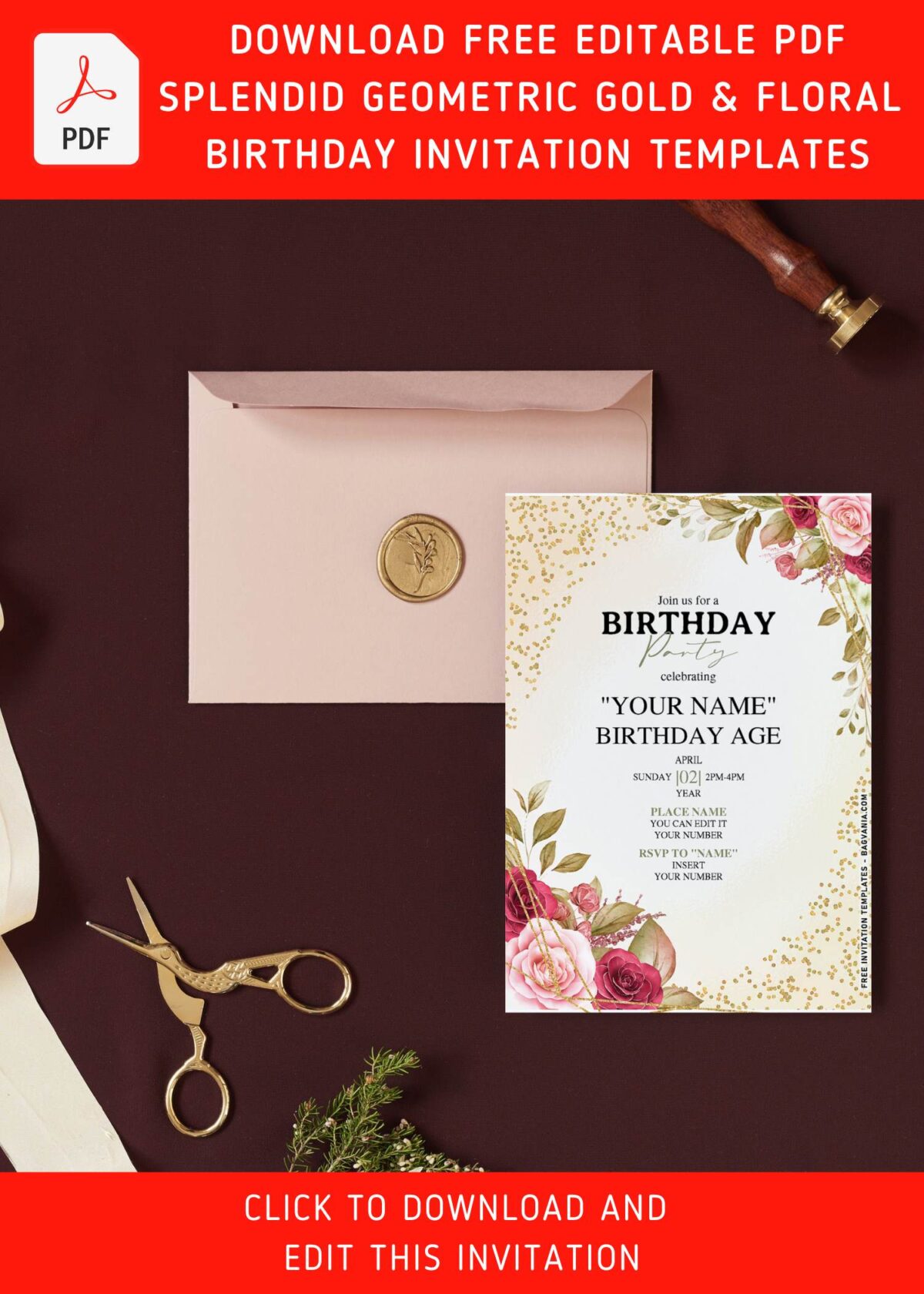 (Free Editable PDF) Champagne Gold Glitter Floral Birthday Invitation Templates with romantic red rose