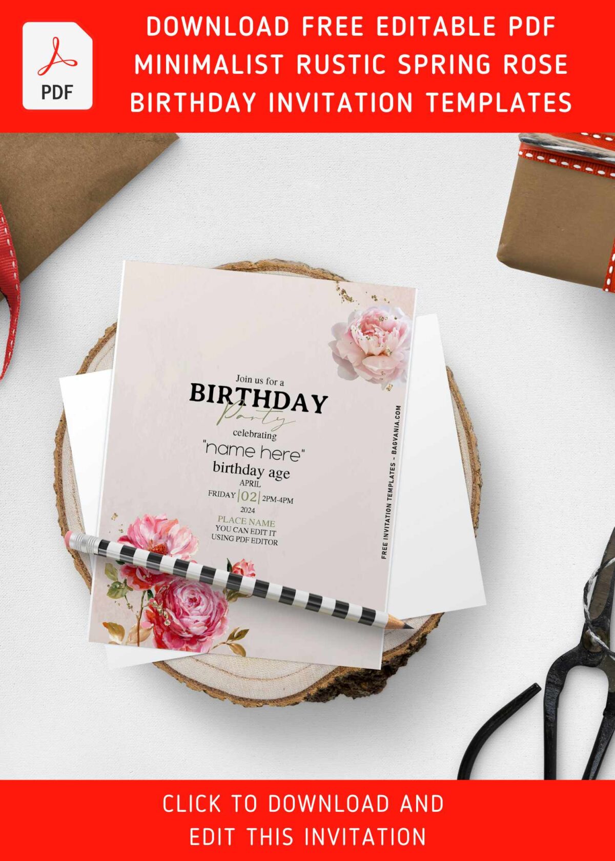 (Free Editable PDF) Minimalist Spring Rose And Peony Birthday Invitation Templates with romantic rose