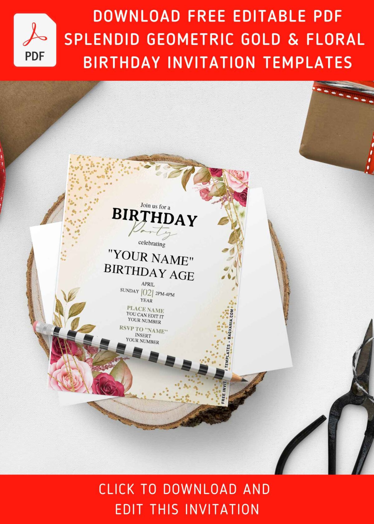 (Free Editable PDF) Champagne Gold Glitter Floral Birthday Invitation Templates with watercolor rose
