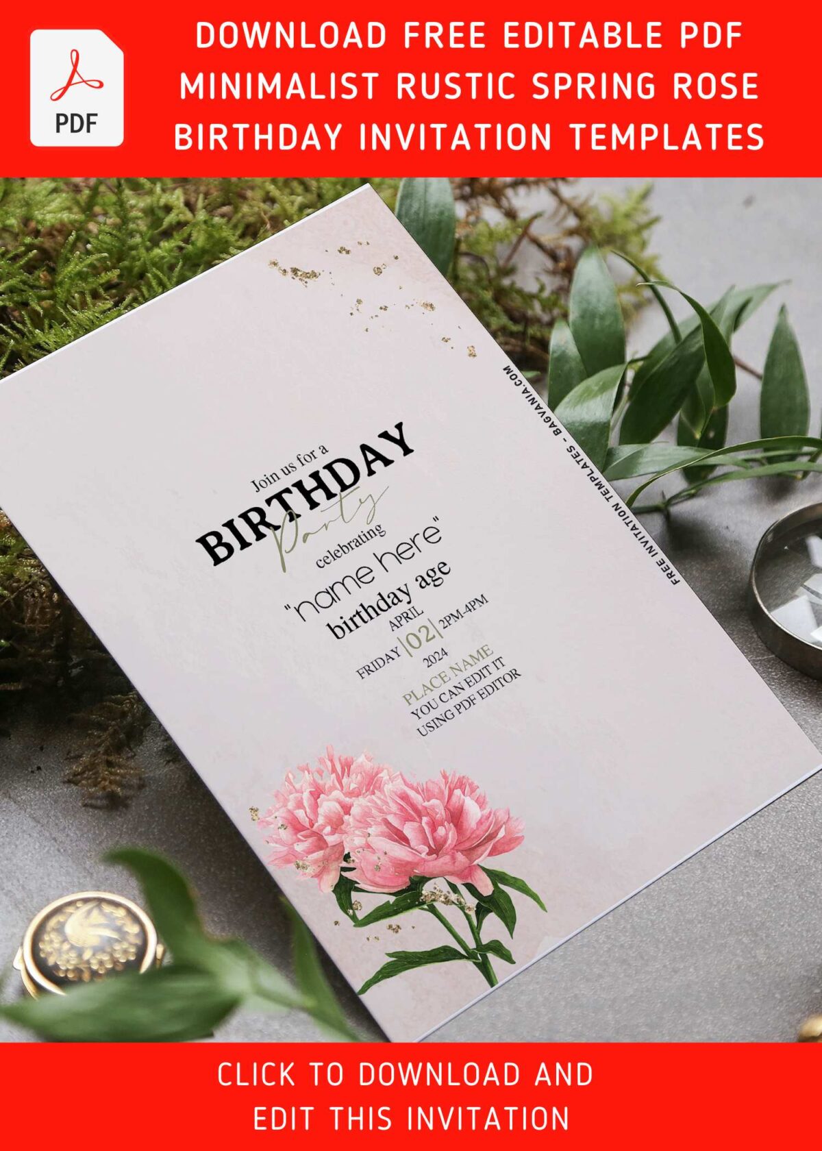 (Free Editable PDF) Minimalist Spring Rose And Peony Birthday Invitation Templates with Watercolor Peonies