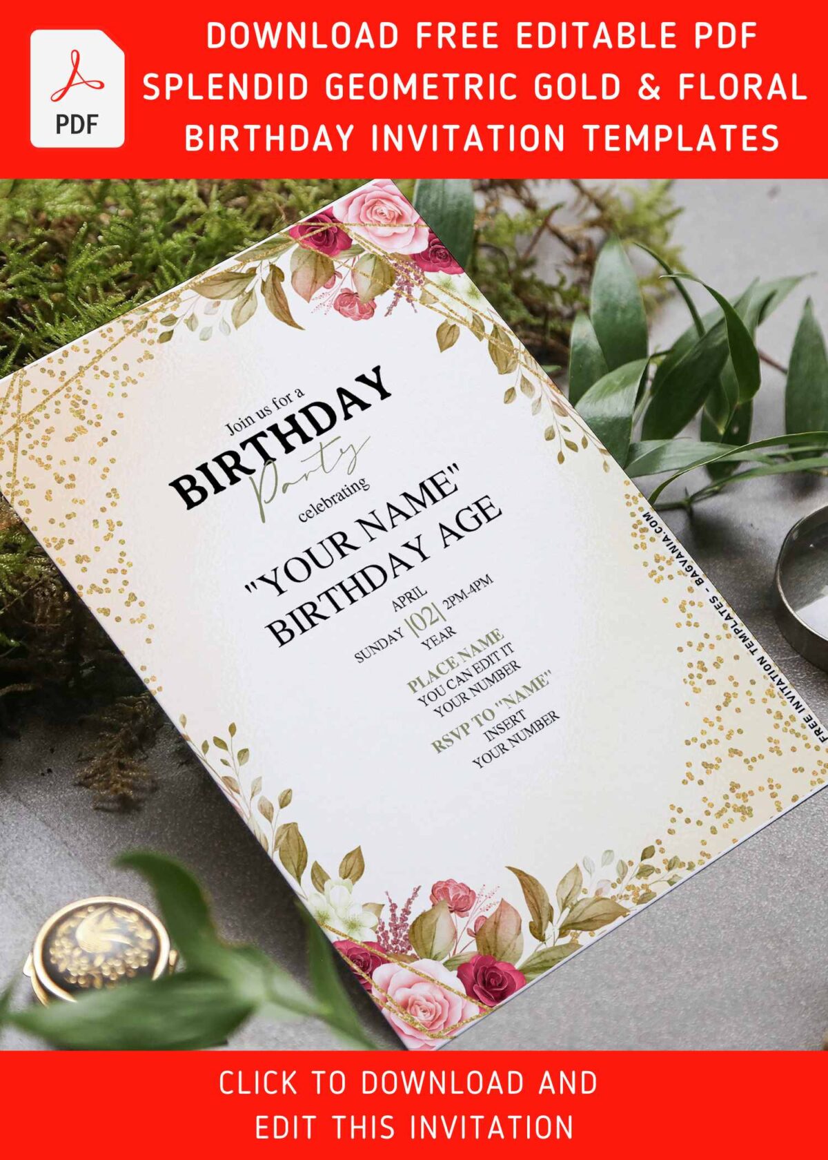 (Free Editable PDF) Champagne Gold Glitter Floral Birthday Invitation Templates with glimmered glitter gold sparkles