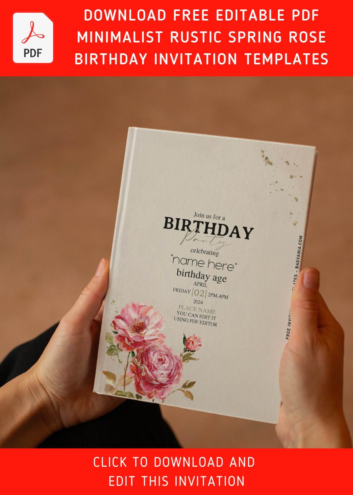(Free Editable PDF) Minimalist Spring Rose And Peony Birthday Invitation Templates with editable text