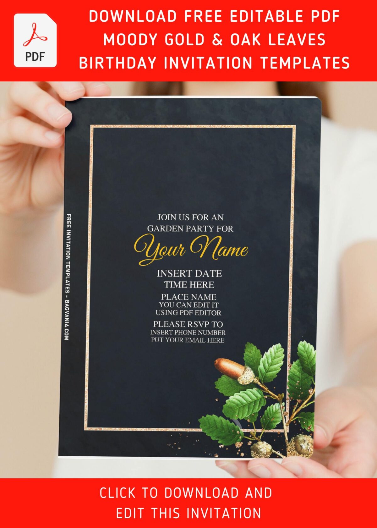(Free Editable PDF) Moody Winter Gold & Oak Leaves Birthday Invitation Templates with 