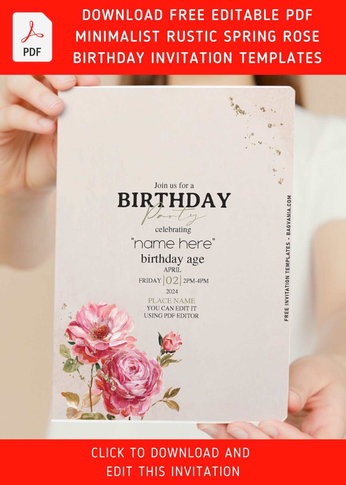 (Free Editable PDF) Minimalist Spring Rose And Peony Birthday Invitation Templates with sparkly gold glitters