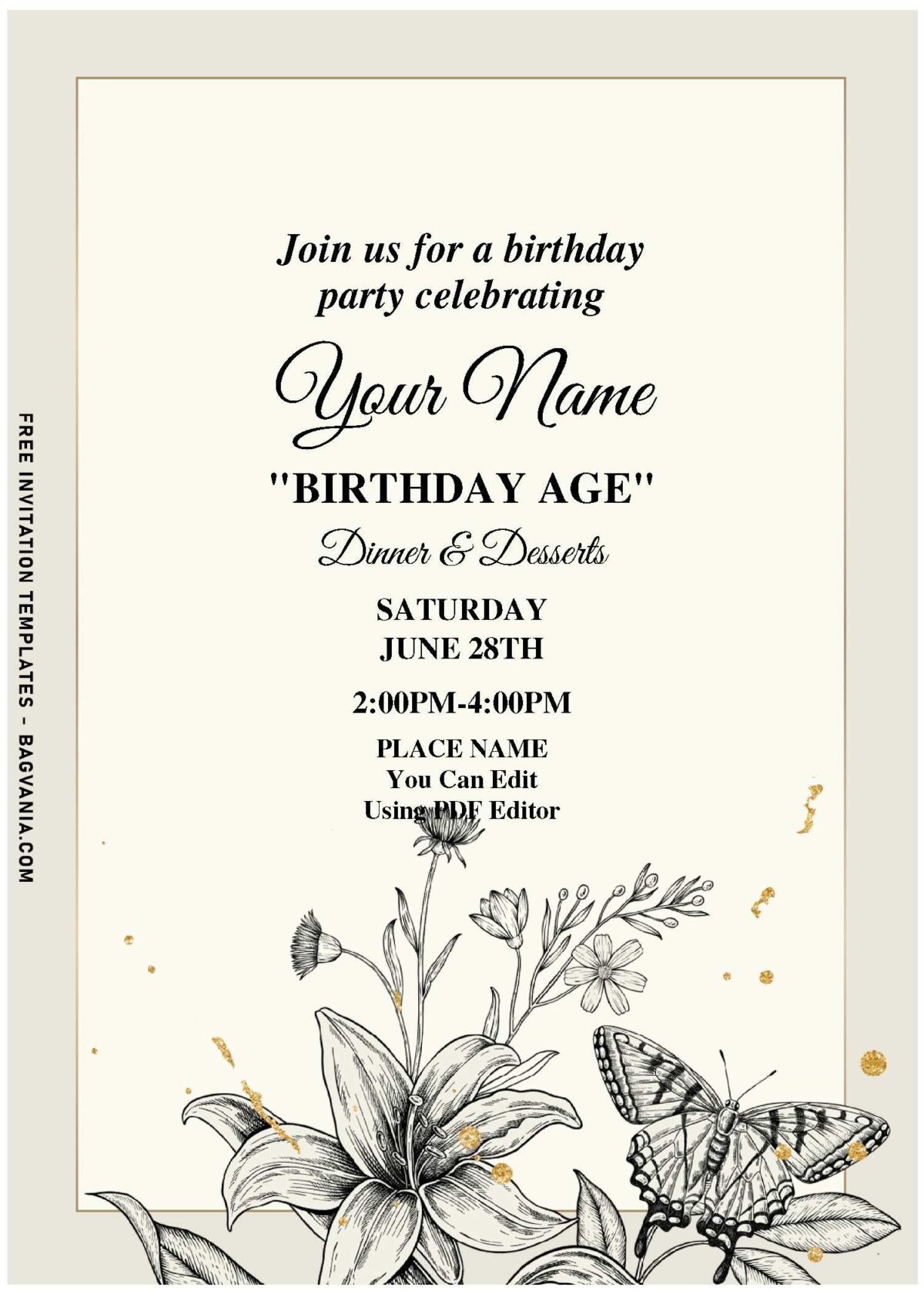 (Free Editable PDF) Monochrome Floral Evening Birthday Invitation Templates with elegant script