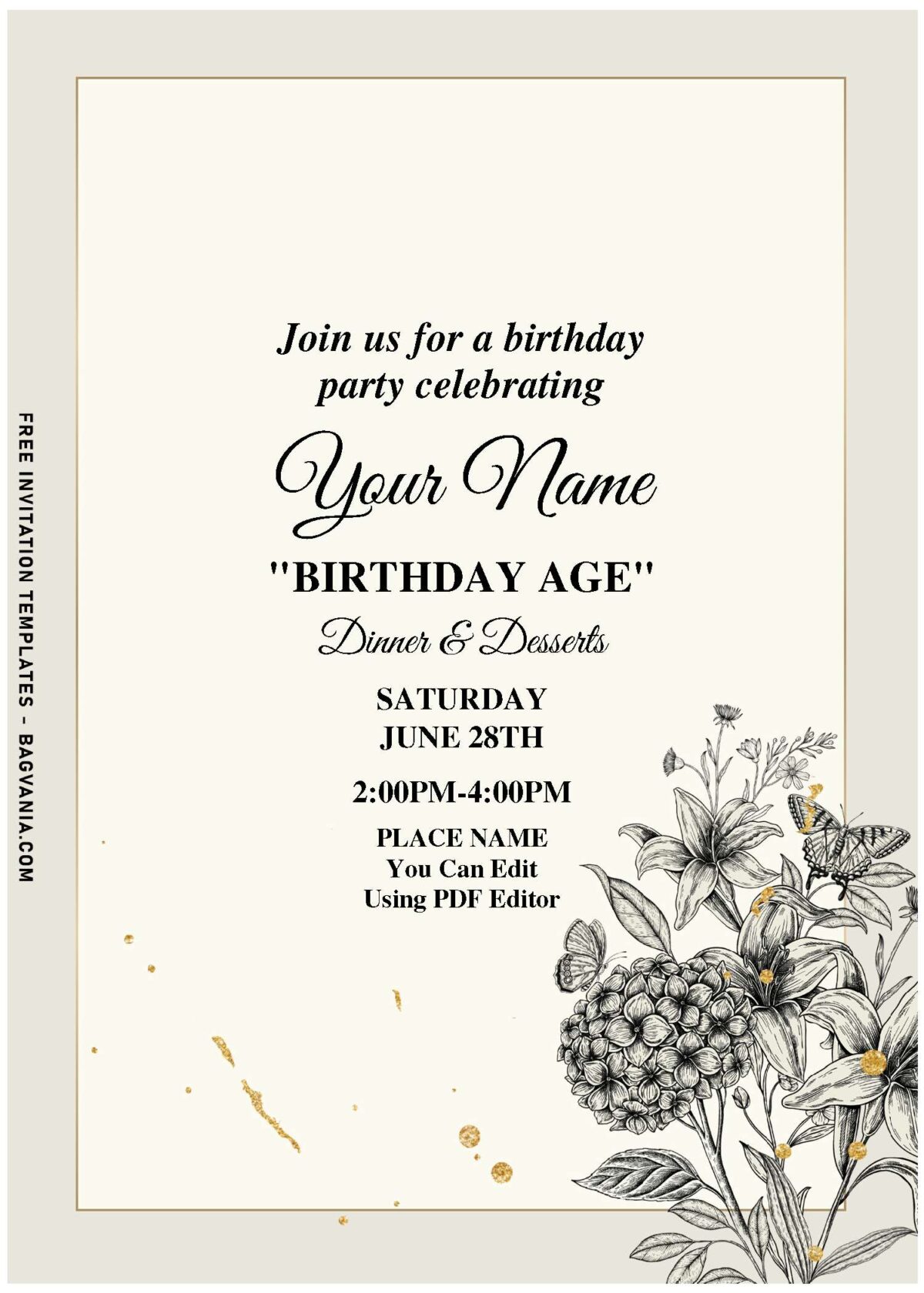 (Free Editable PDF) Monochrome Floral Evening Birthday Invitation Templates with black and white floral line art