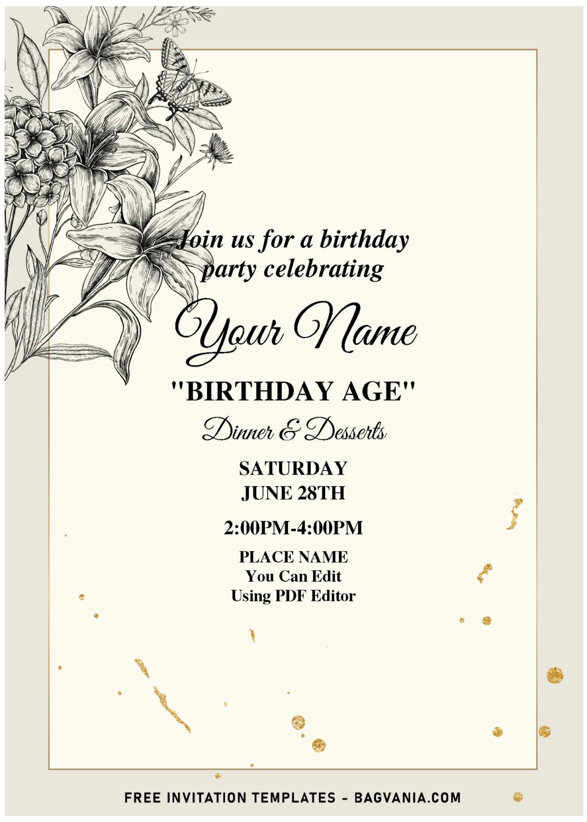 (Free Editable PDF) Monochrome Floral Evening Birthday Invitation Templates with hand drawn flowers