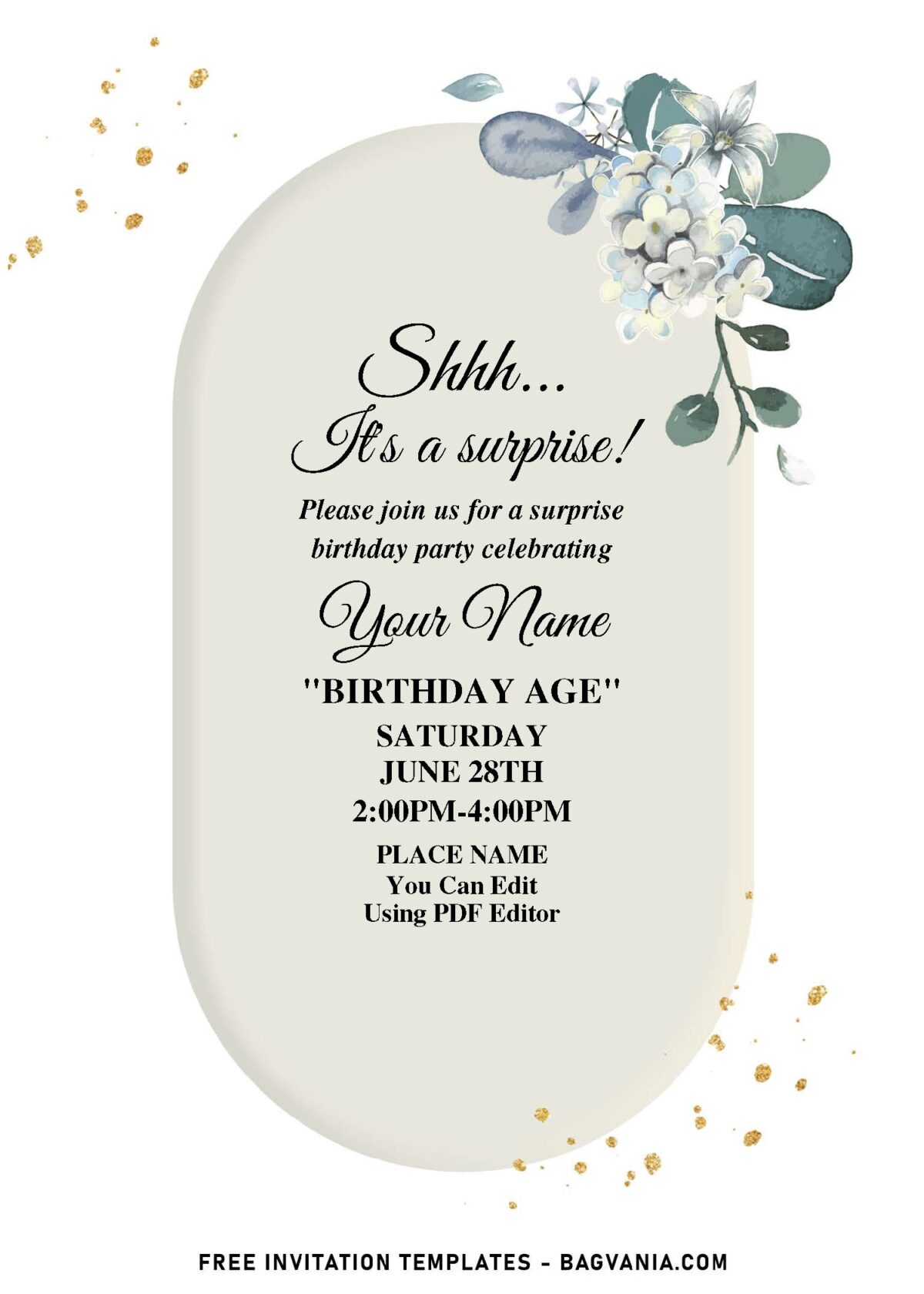 (Free Editable PDF) Cheerful Spring Dogwood And Floral Vines Birthday Invitation Templates with sparkly gold glitters