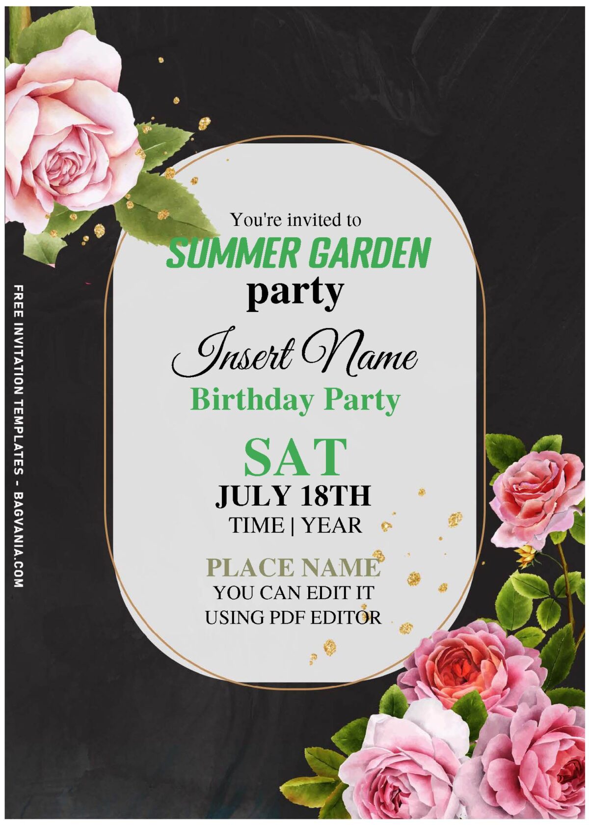 (Free Editable PDF) Gleaming Gold And Delicate Pink Roses Birthday Invitation Templates with elegant script