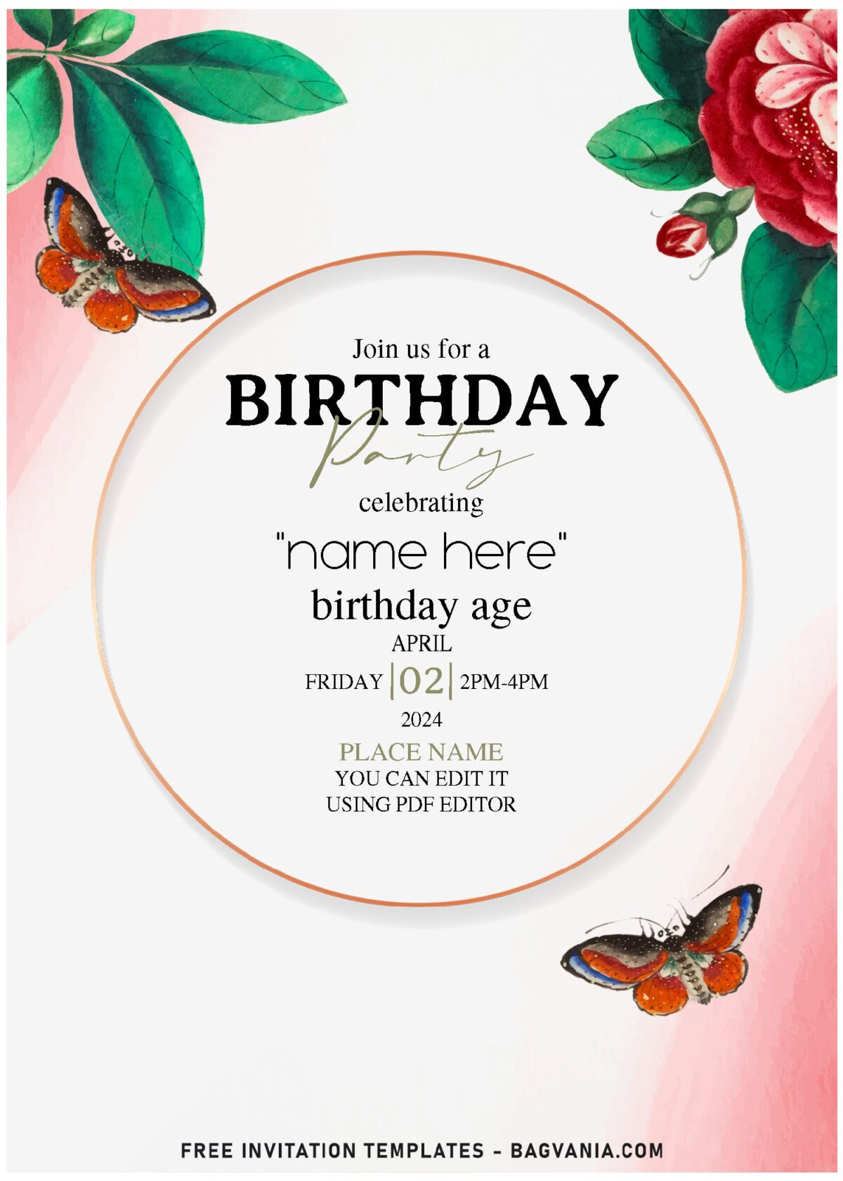 (Free Editable PDF) Breathtaking Peony And Poppy Pod Birthday Invitation Templates with beautiful butterfly