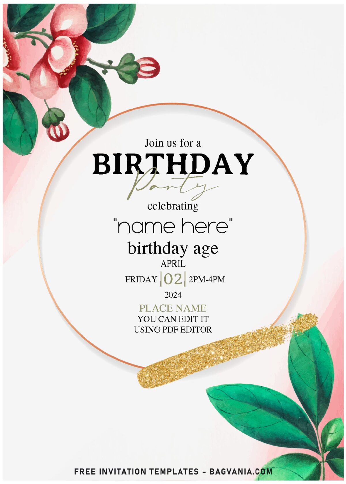 (Free Editable PDF) Breathtaking Peony And Poppy Pod Birthday Invitation Templates with glitter gold brushstrokes