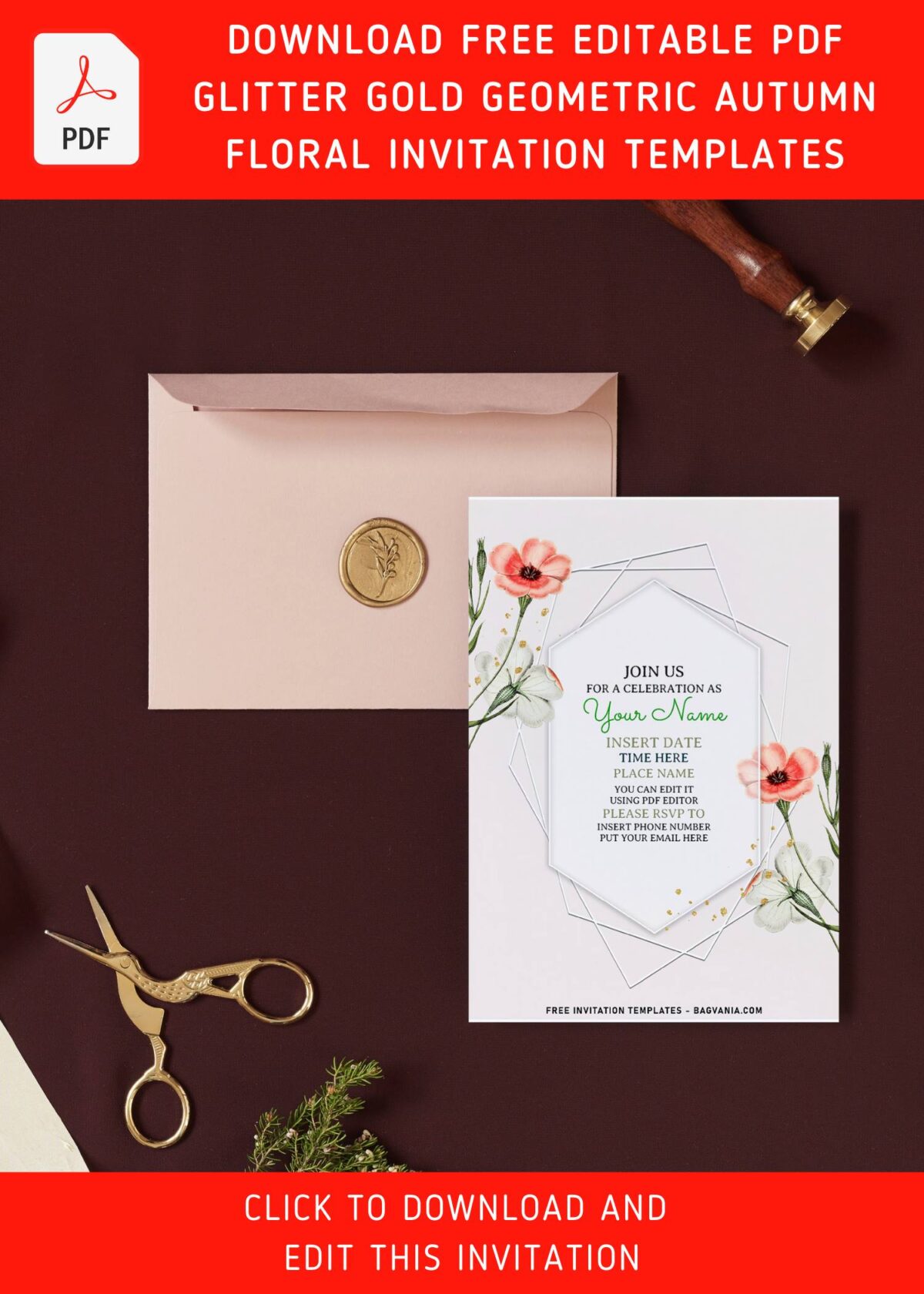 (Free Editable PDF) Geometric Autumn Anemone & Stargazer Lily Floral Invitation Templates with with beautiful watercolor anemone flower