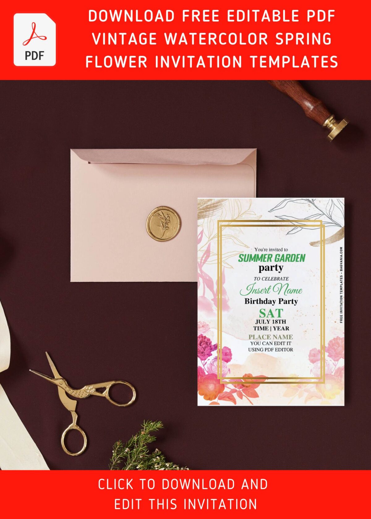 (Free Editable PDF) Vintage Gold And Watercolor Spring Flower Birthday Invitation Templates with gold foiled geometric frame