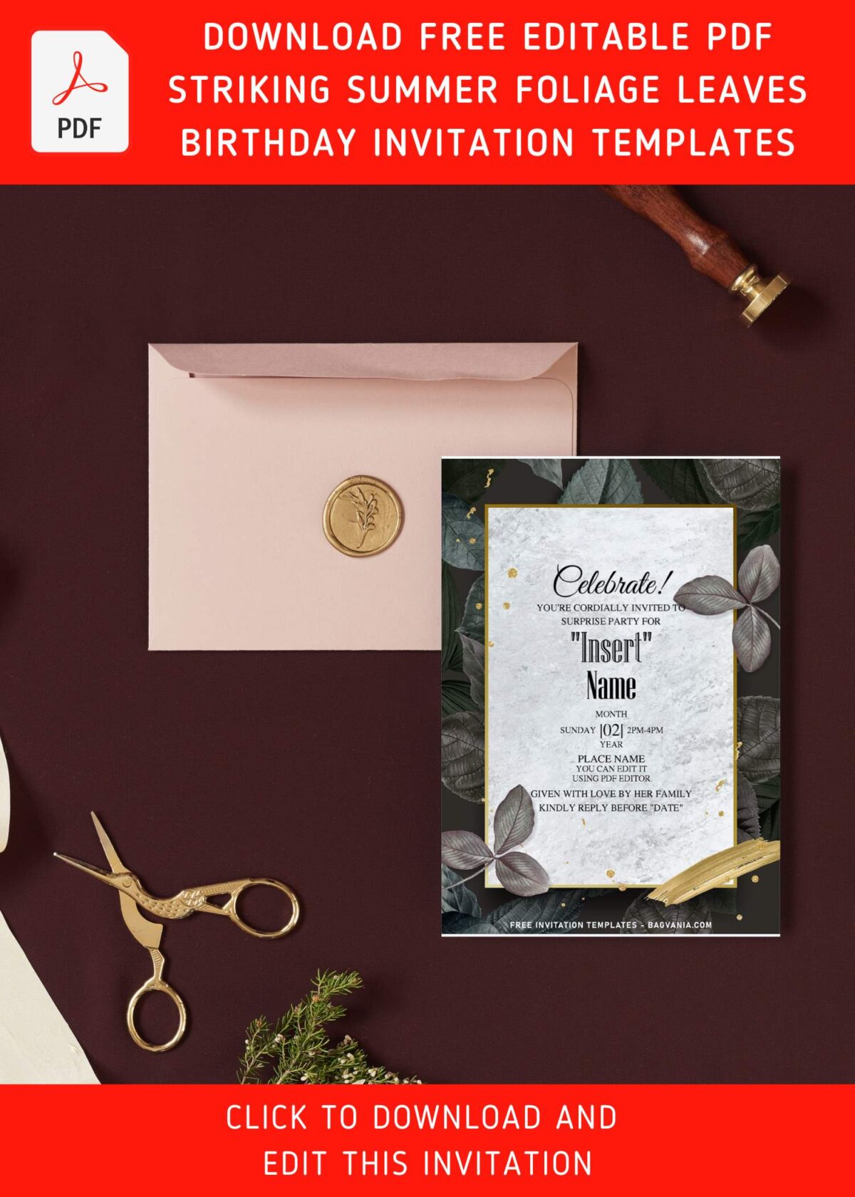 (Free Editable PDF) Glamorous Moody Summer Greenery & Floral Invitation Templates with gold leaves