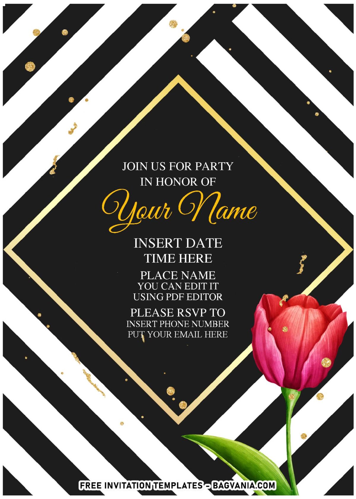(Free Editable PDF) Classic Palette Black And White Floral Invitation Templates with elegant gold frame