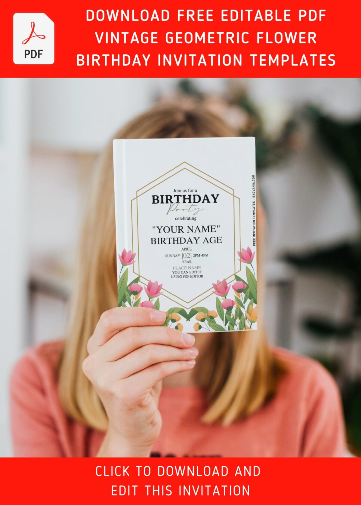 (Free Editable PDF) Geometric Gold And Floral Perfection Birthday Invitation Templates with spring garden flowers