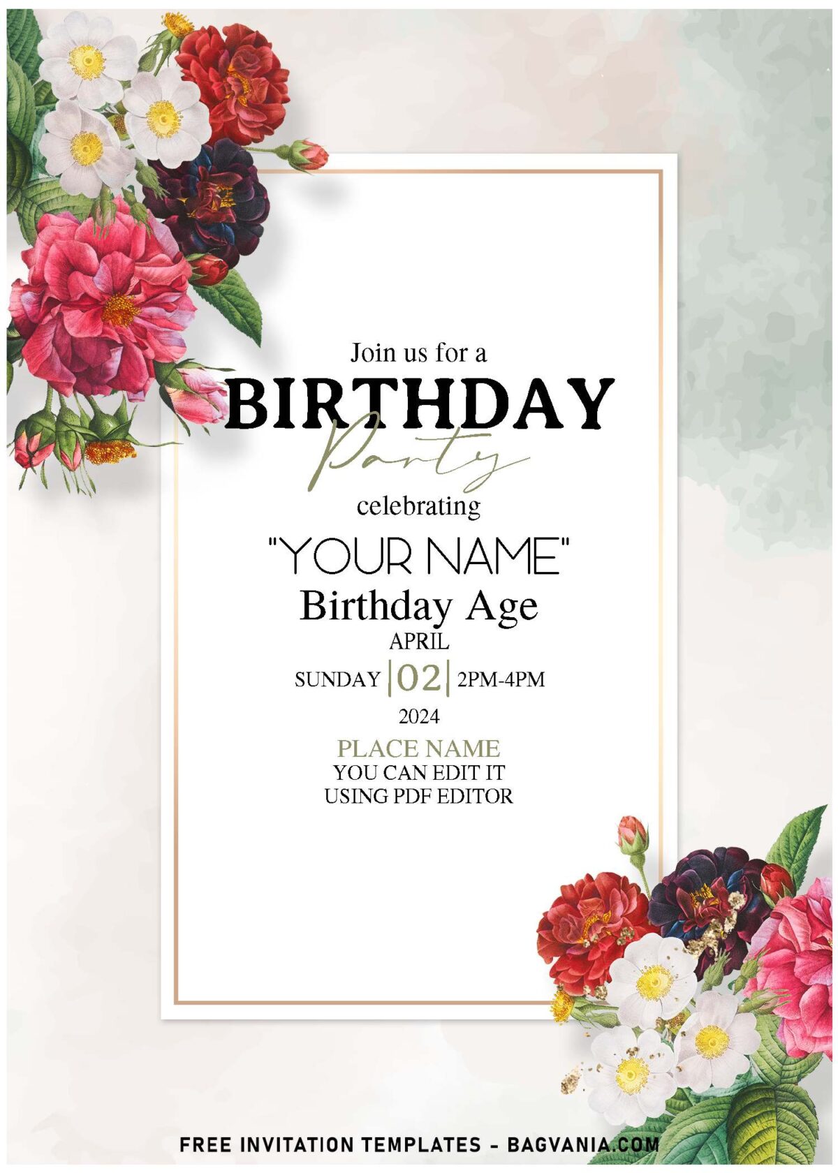 (Free Editable PDF) Dusty Bright And Moody Garden Rose Birthday Invitation Templates with elegant script