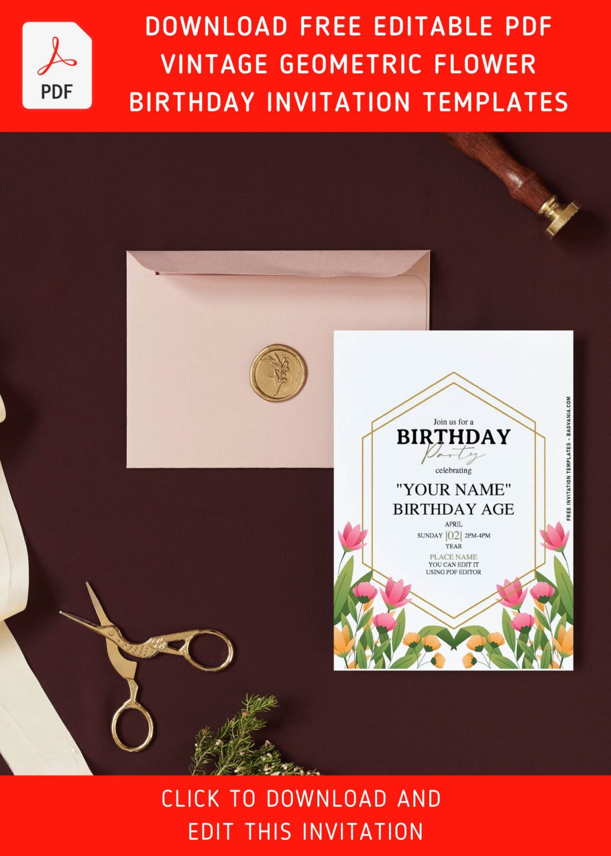 (Free Editable PDF) Geometric Gold And Floral Perfection Birthday Invitation Templates with sparkling gold glitter geometric frame