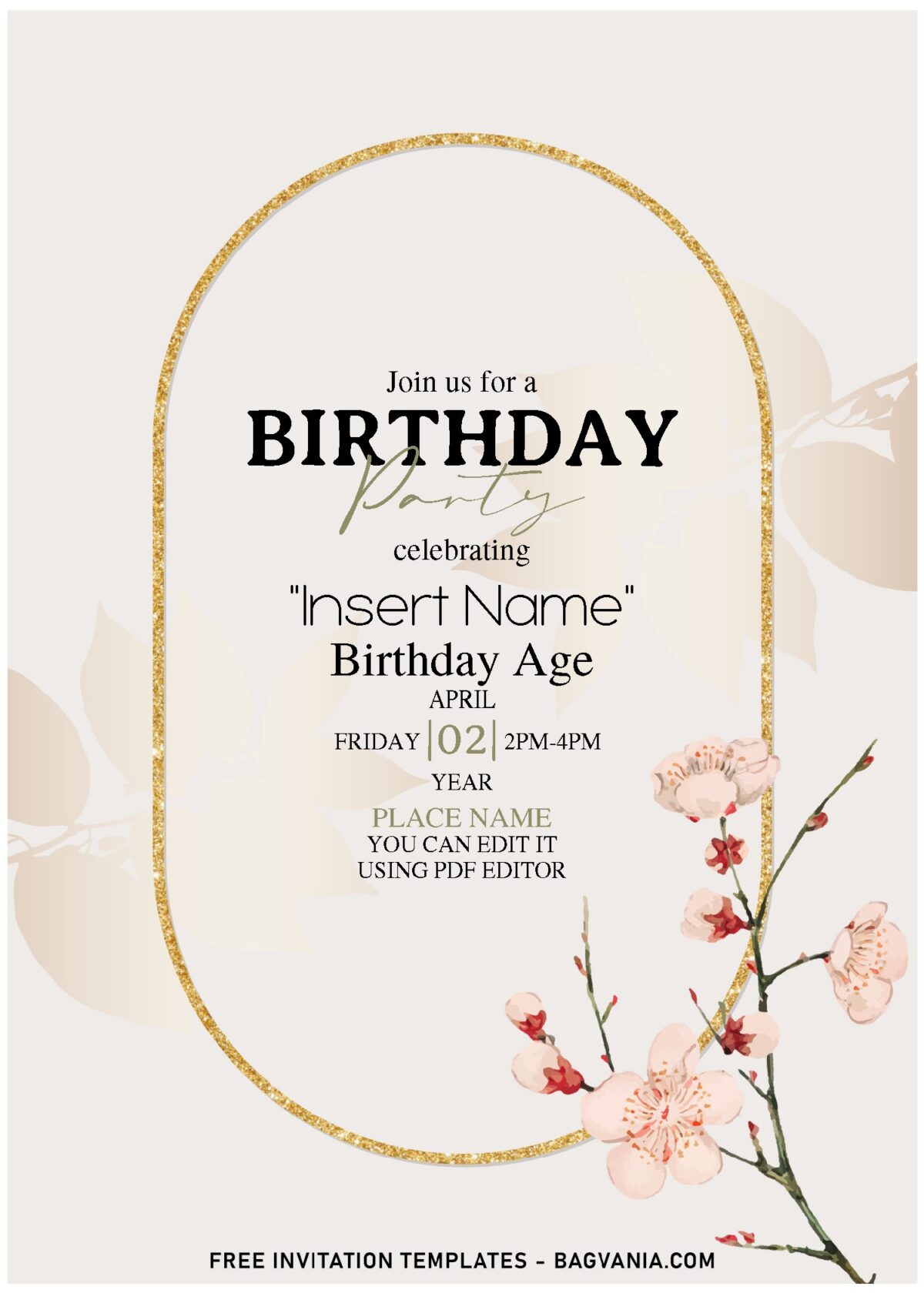 (Free Editable PDF) Gold Frame And Floral Blooms Invitation Templates with pastel beige background