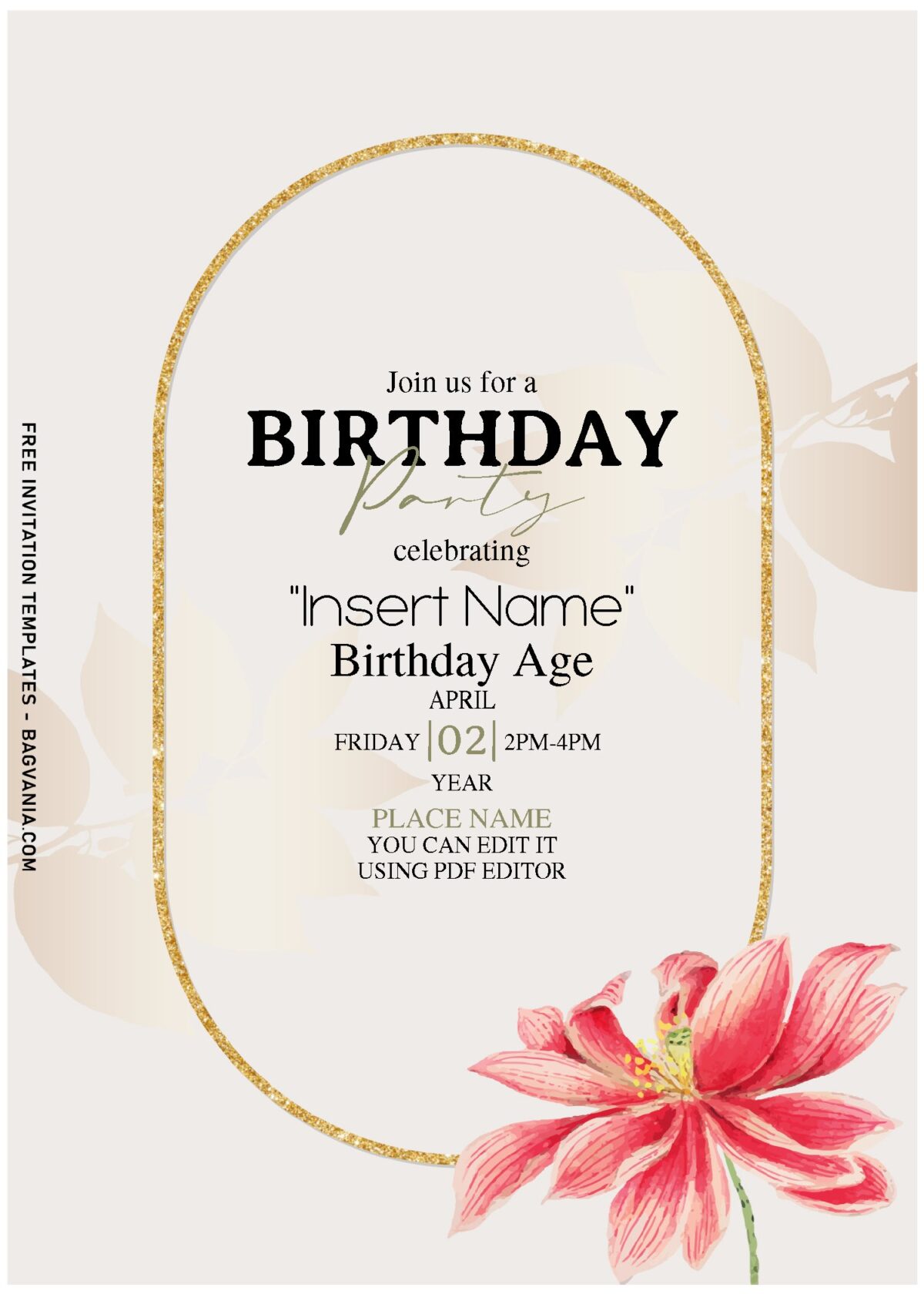 (Free Editable PDF) Gold Frame And Floral Blooms Invitation Templates with gleaming glitter gold frame