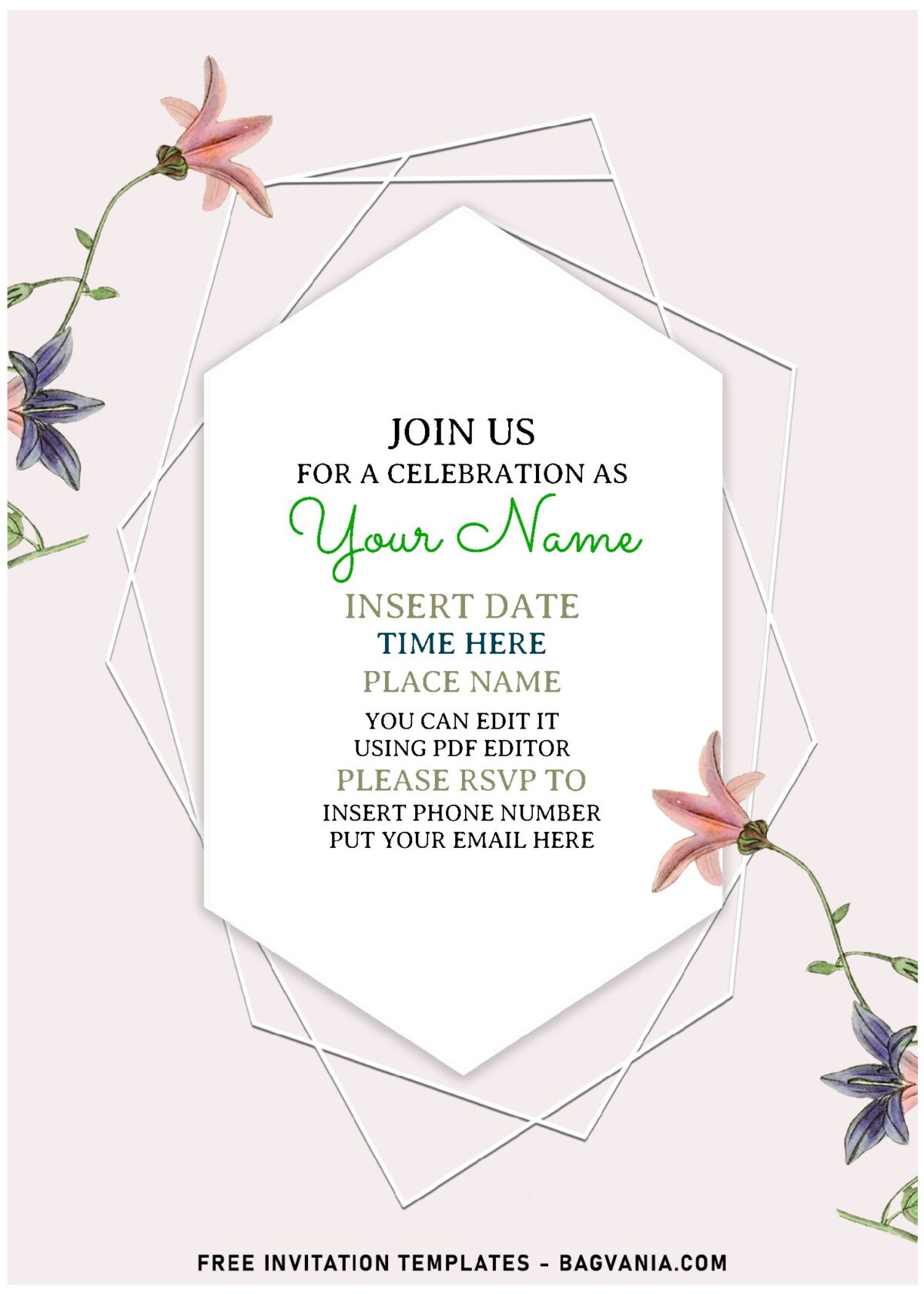 (Free Editable PDF) Geometric Autumn Anemone & Stargazer Lily Floral Invitation Templates with modern geometric frame