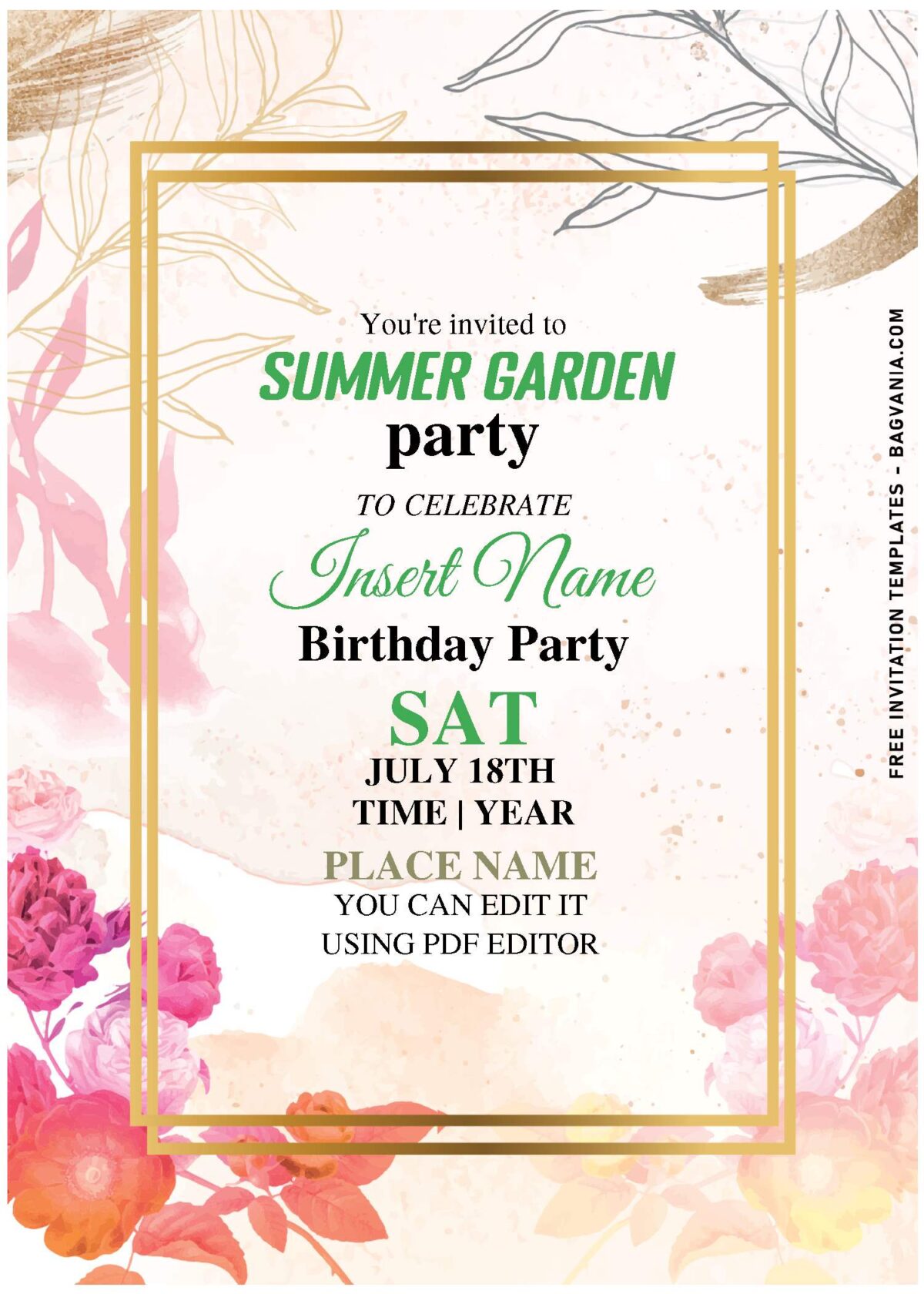 (Free Editable PDF) Vintage Gold And Watercolor Spring Flower Birthday Invitation Templates with watercolor flowers